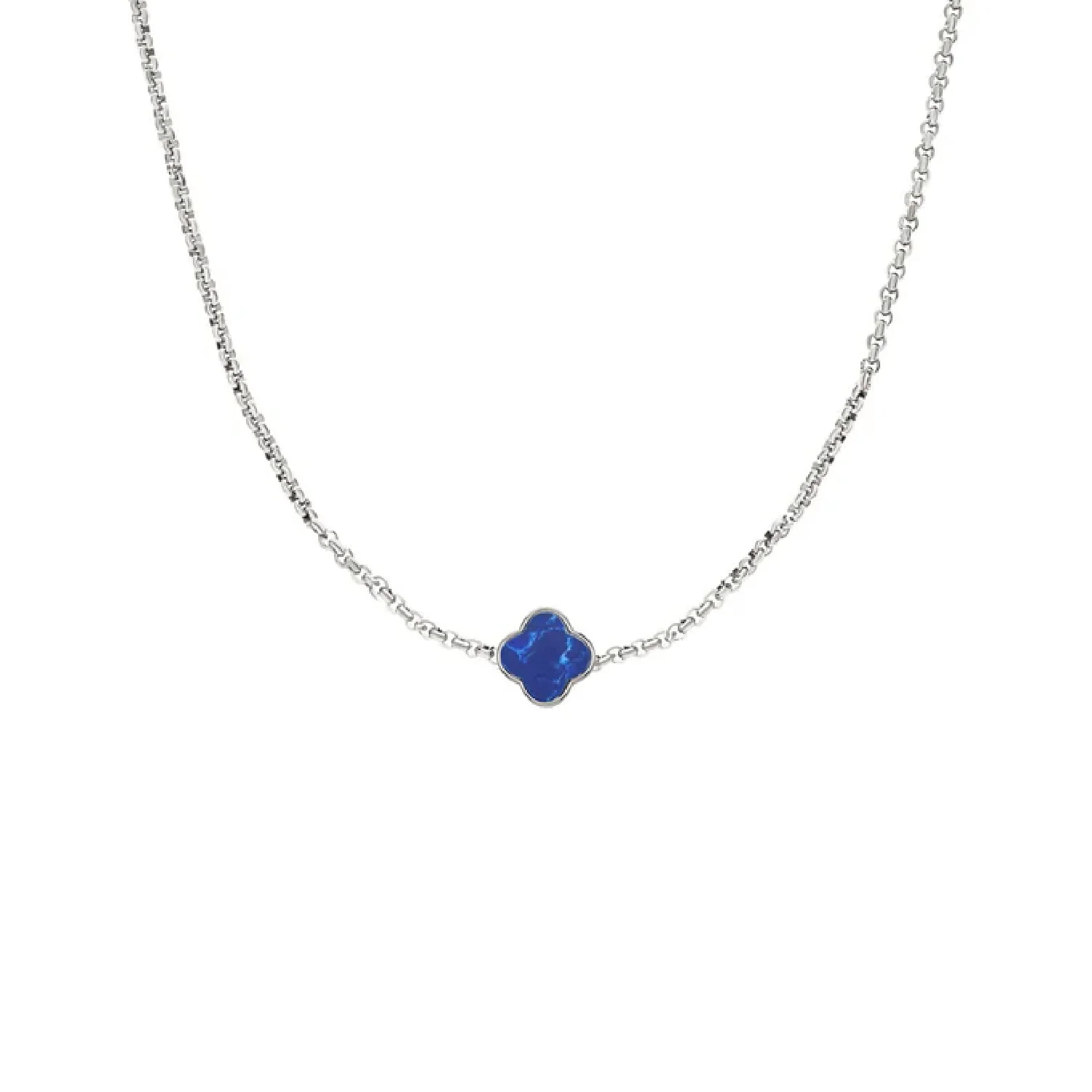 Blue Lace Agate Clover Custom Name Necklace (Silver)