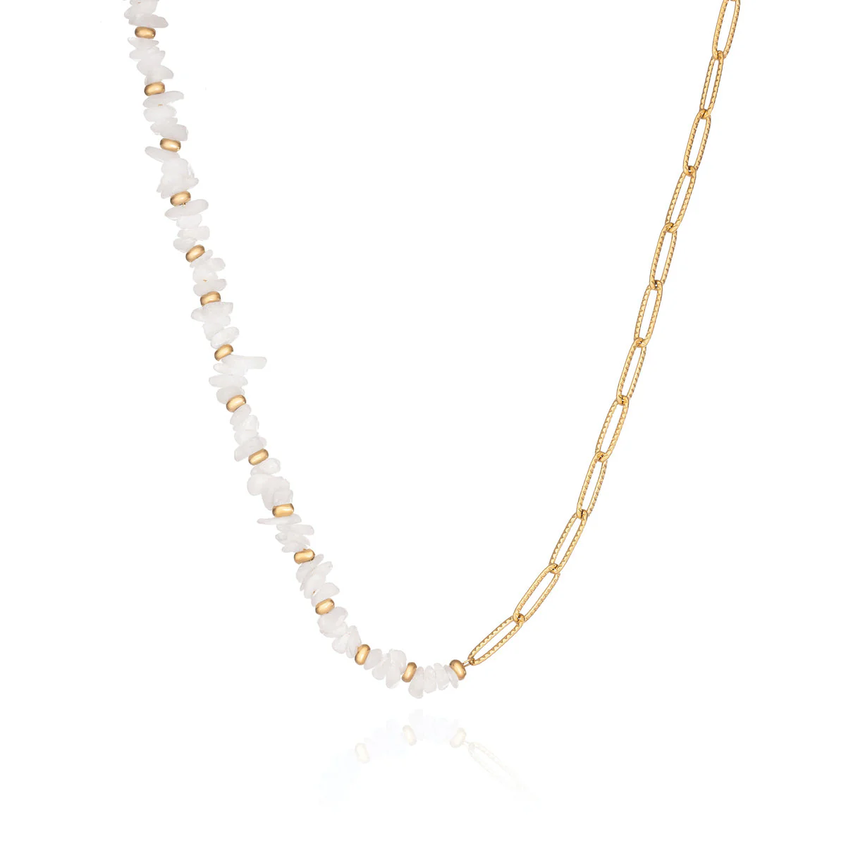 Paperclip Chain White Beaded Necklace (Gold)
