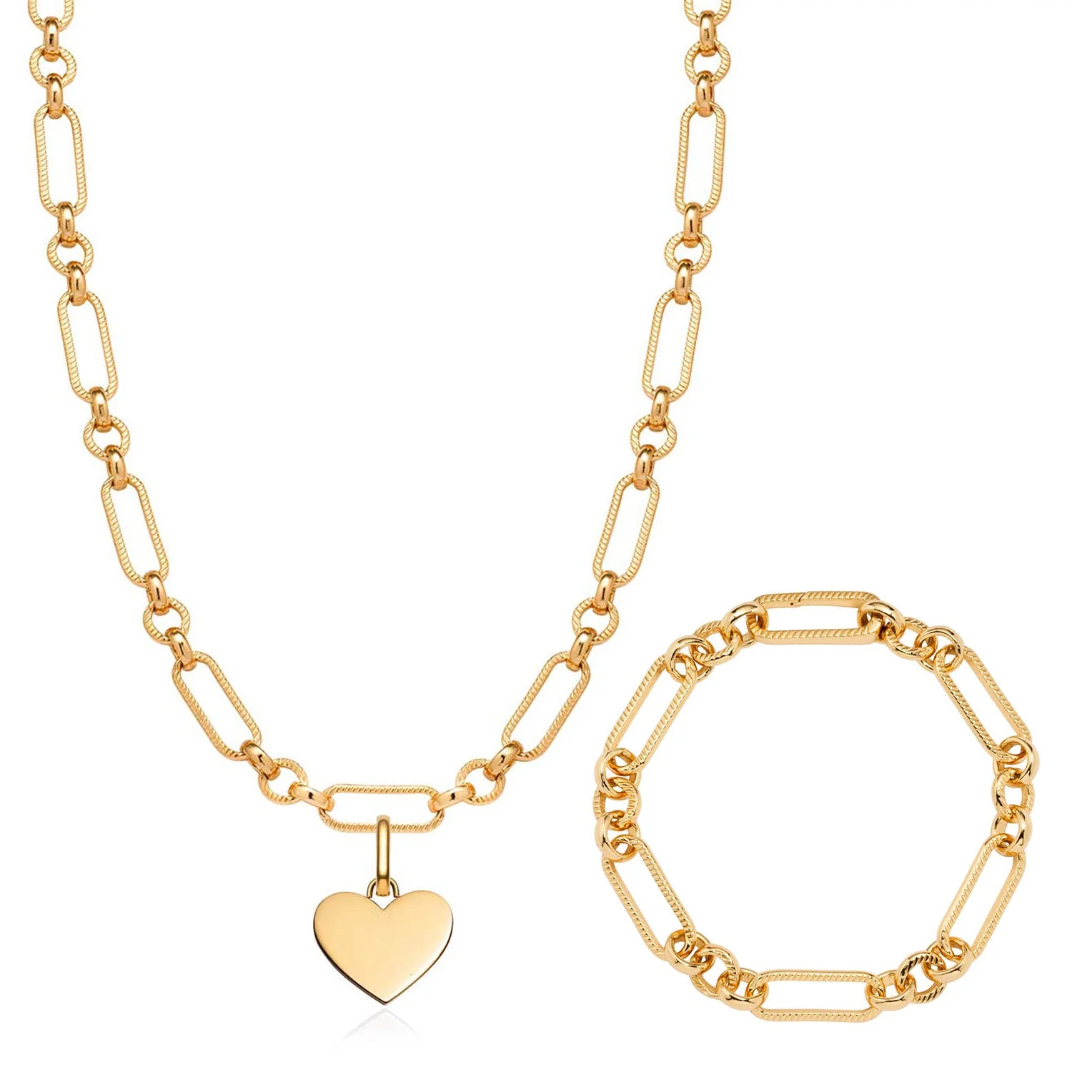 Heart Figaro Chain Necklace & Bracelet Bundle (Gold)