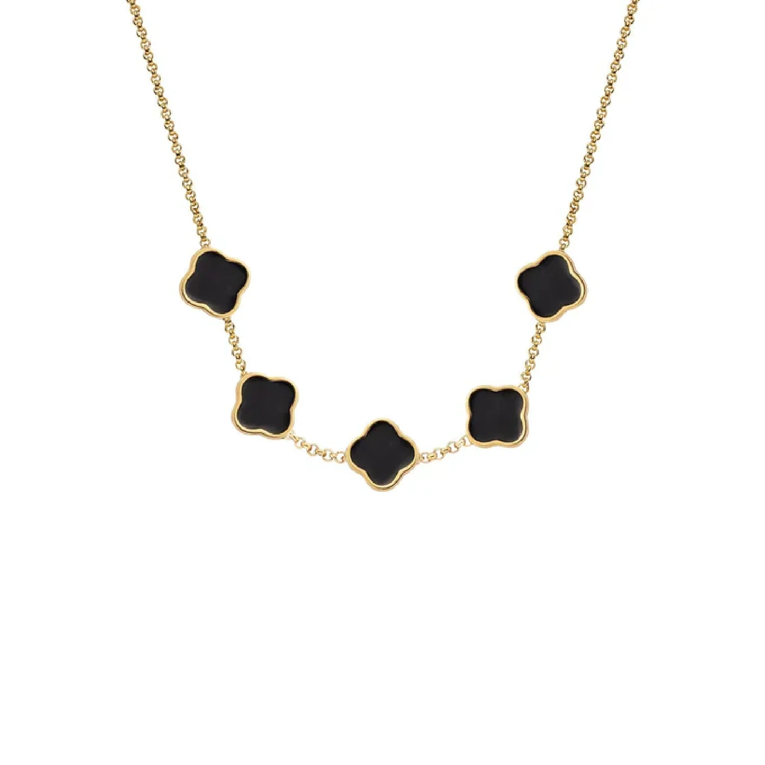 Black Enamel Clover Custom Name Necklace (Gold)
