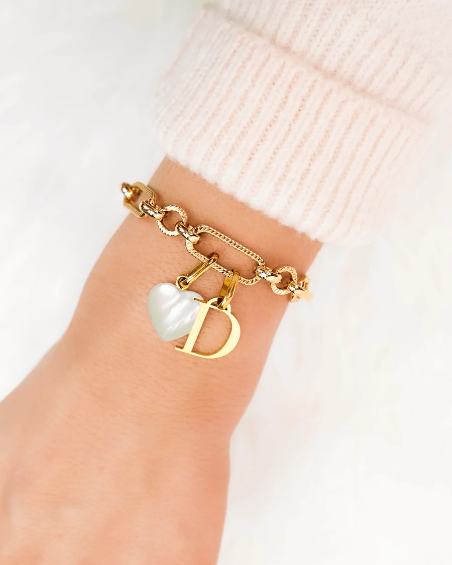Letter & Birthstone Figaro Chain Bracelet (Gold)