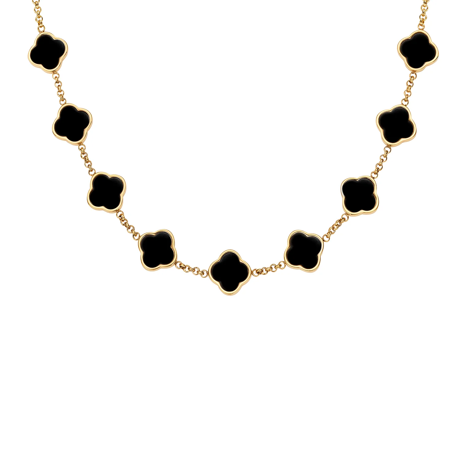 Black Enamel Clover Custom Name Necklace (Gold)