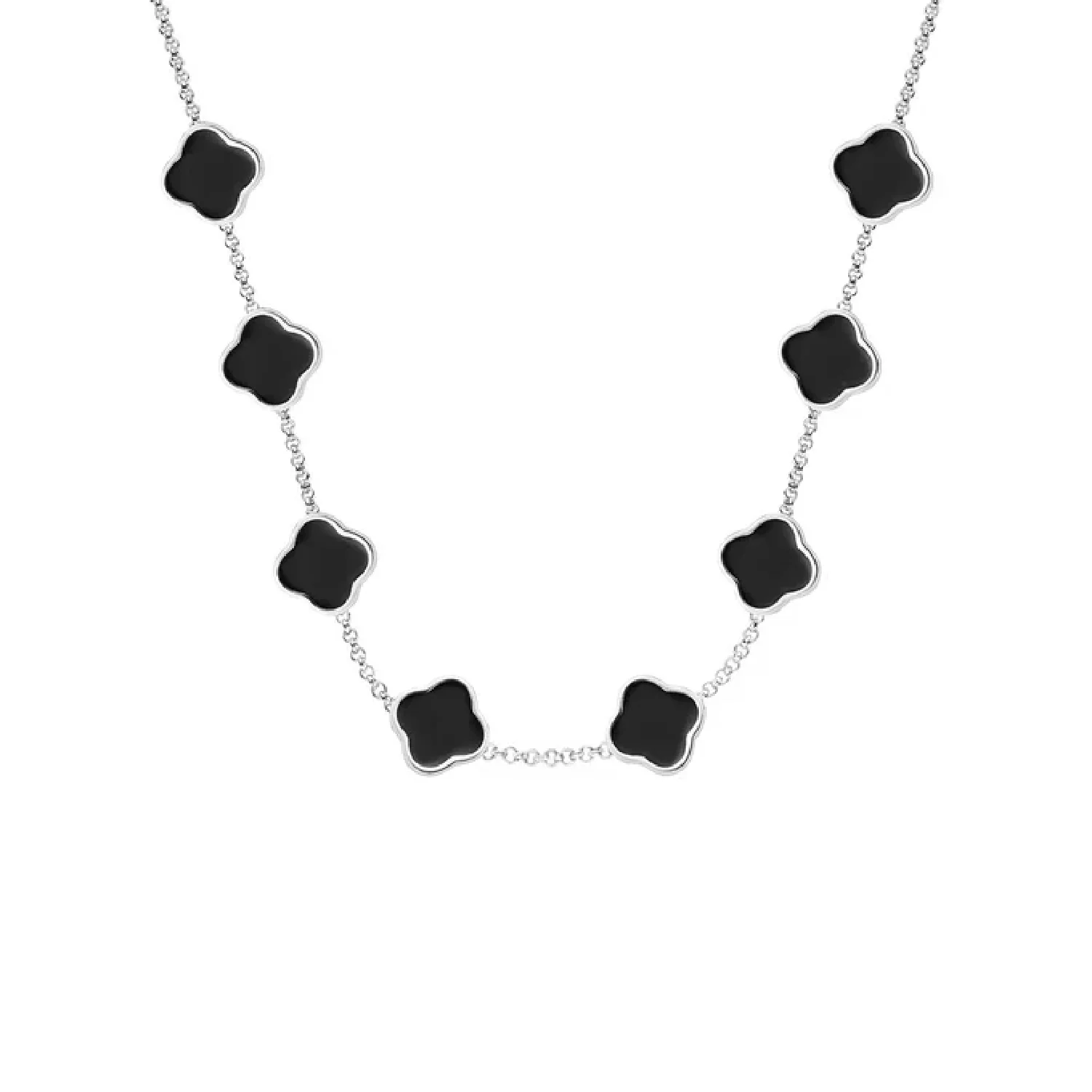 Black Enamel Clover Custom Name Necklace (Silver)