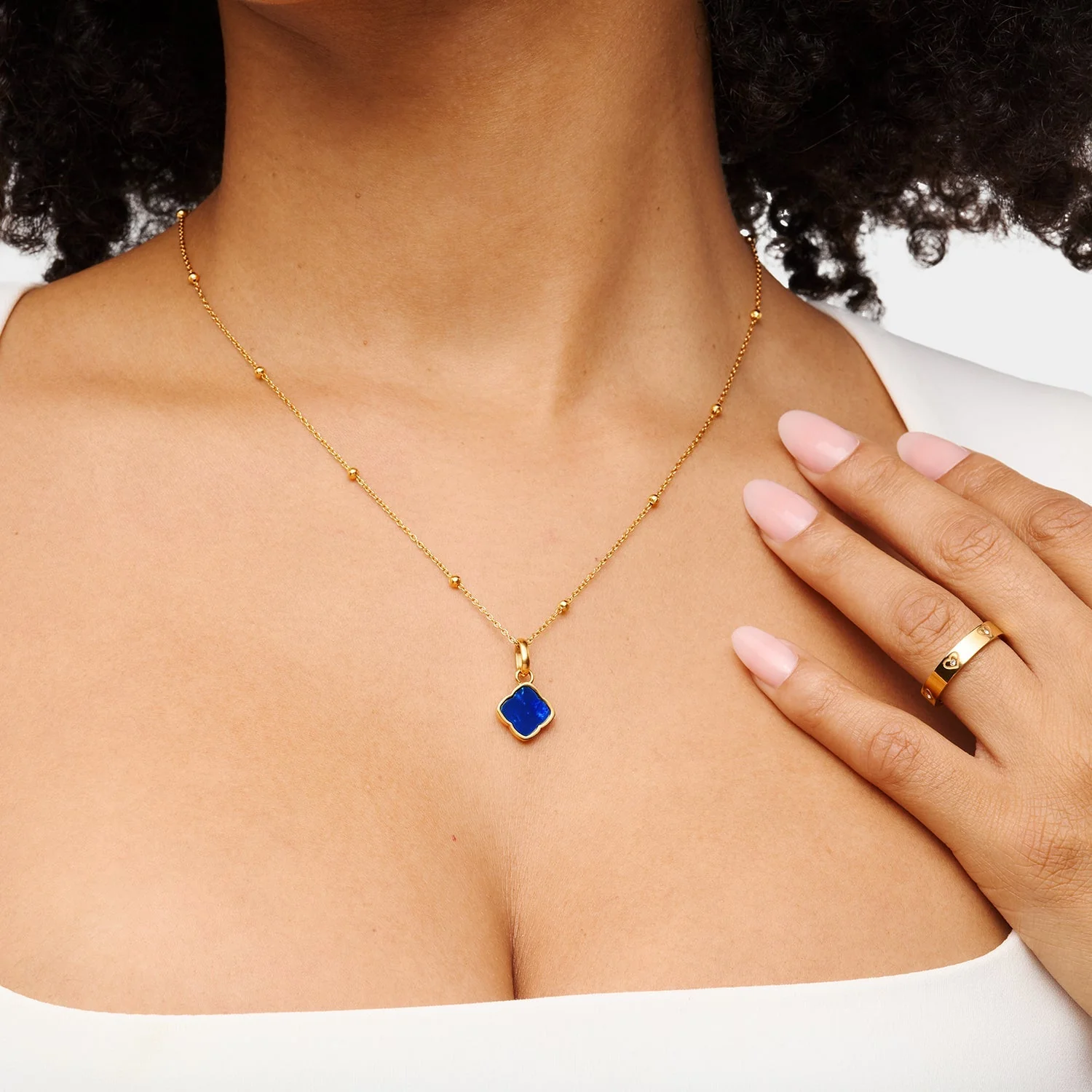 Blue Lace Agate Clover Pendant Necklace (Gold)