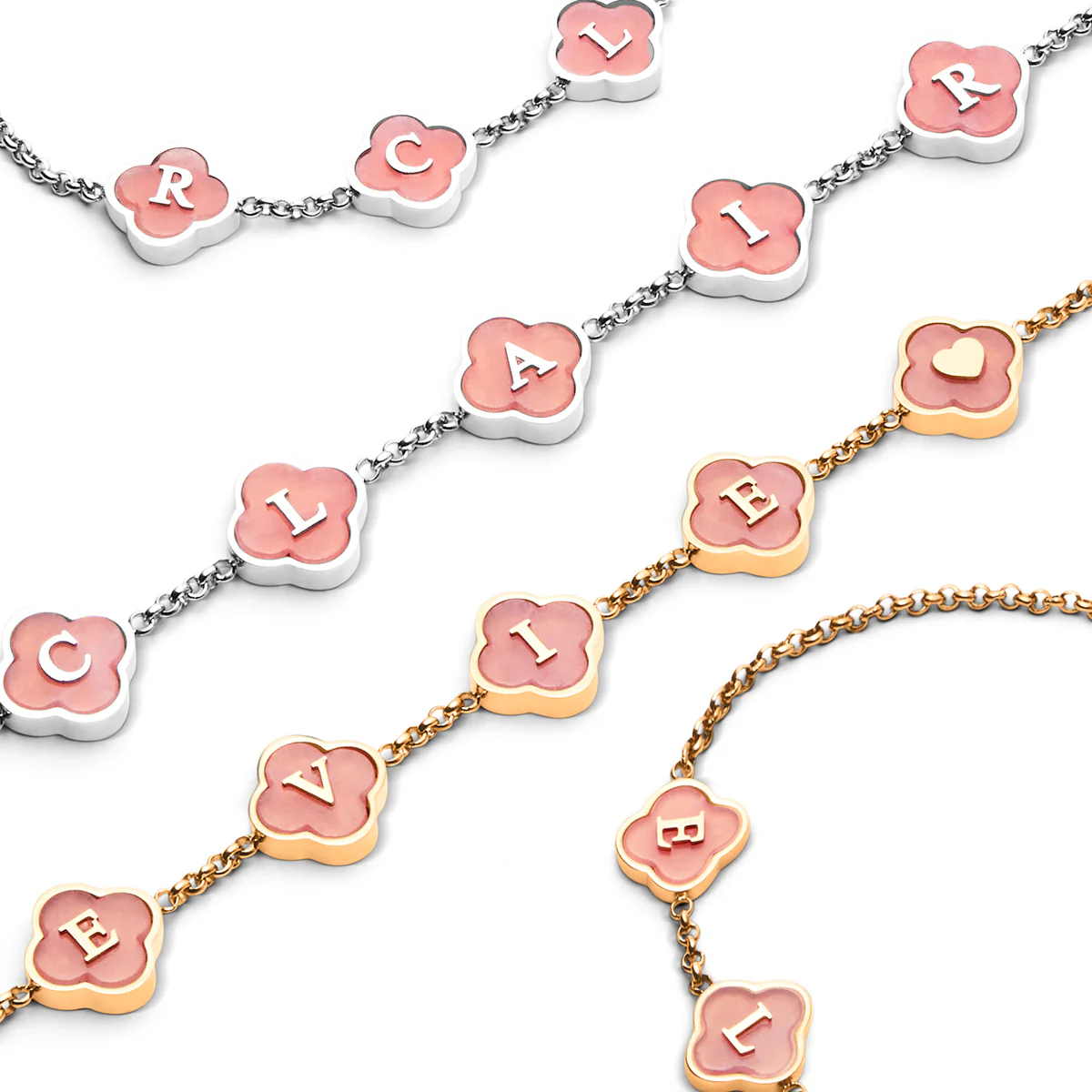 Rose Quartz Clover Custom Name Bracelet (Gold)