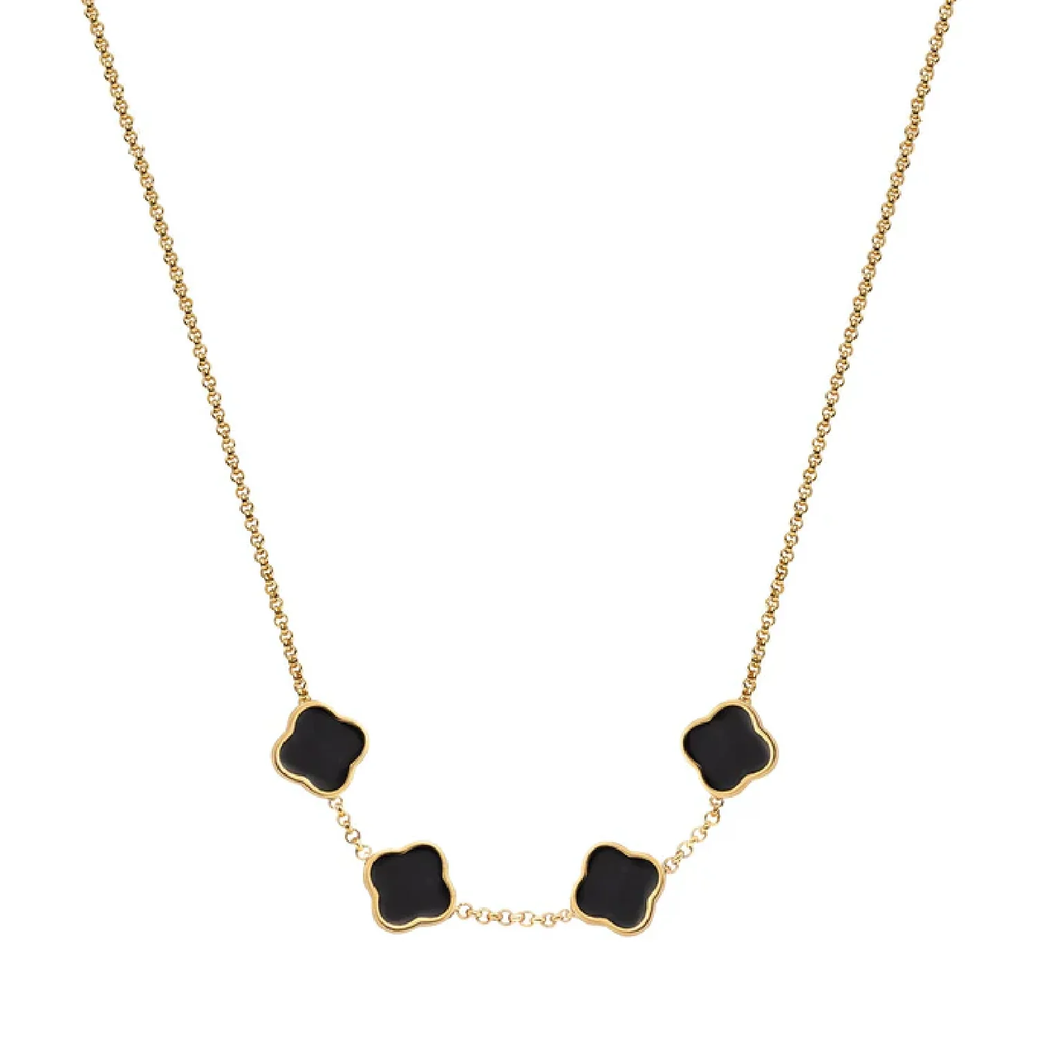 Black Enamel Clover Custom Name Necklace (Gold)