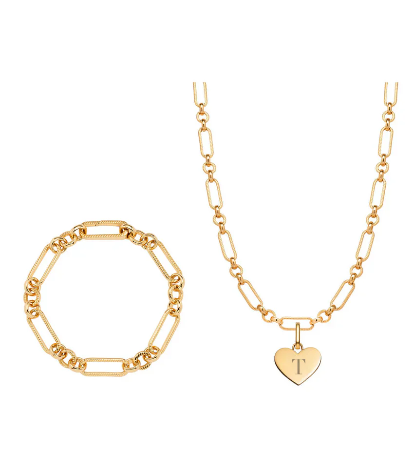 Heart Figaro Chain Necklace & Bracelet Bundle (Gold)