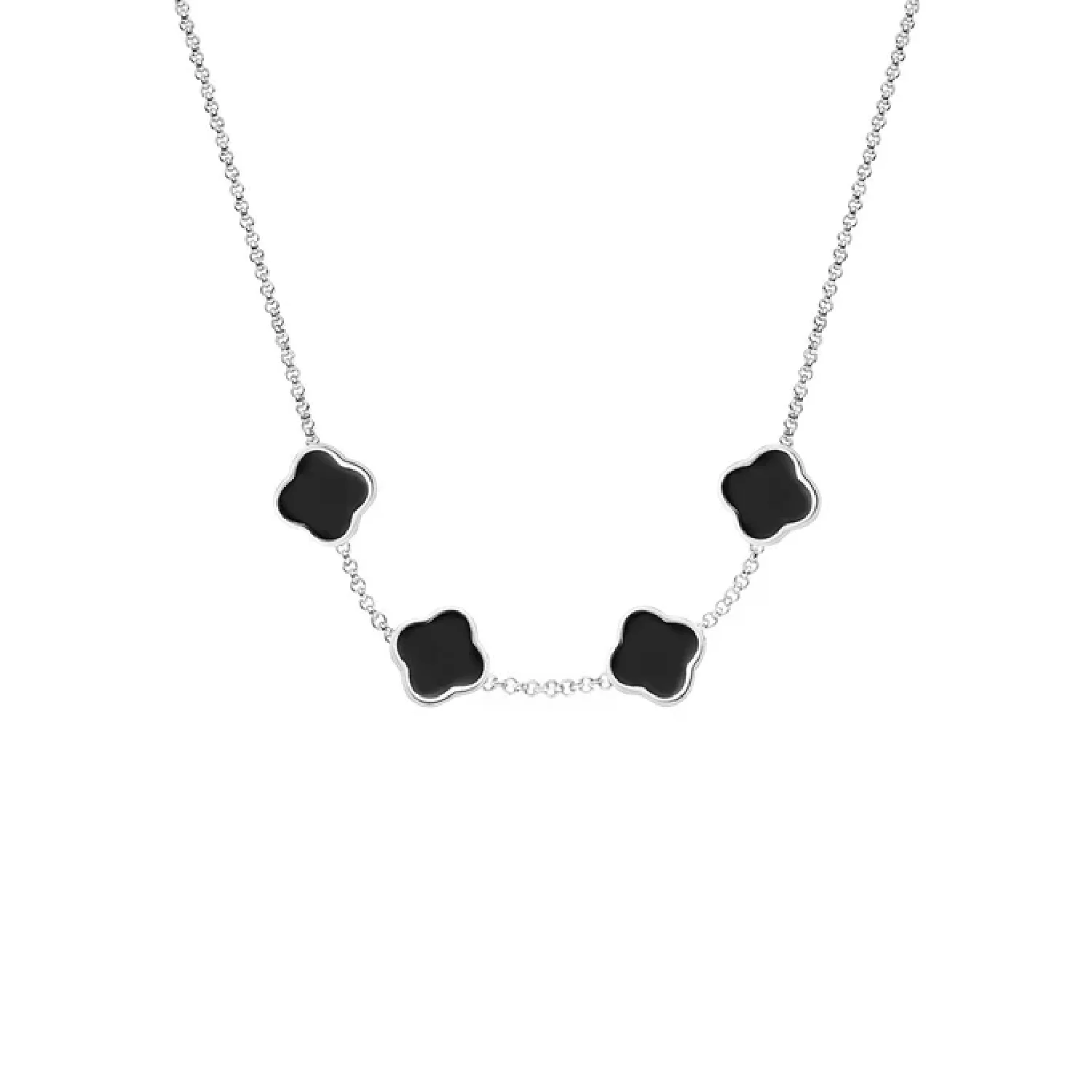 Black Enamel Clover Custom Name Necklace (Silver)
