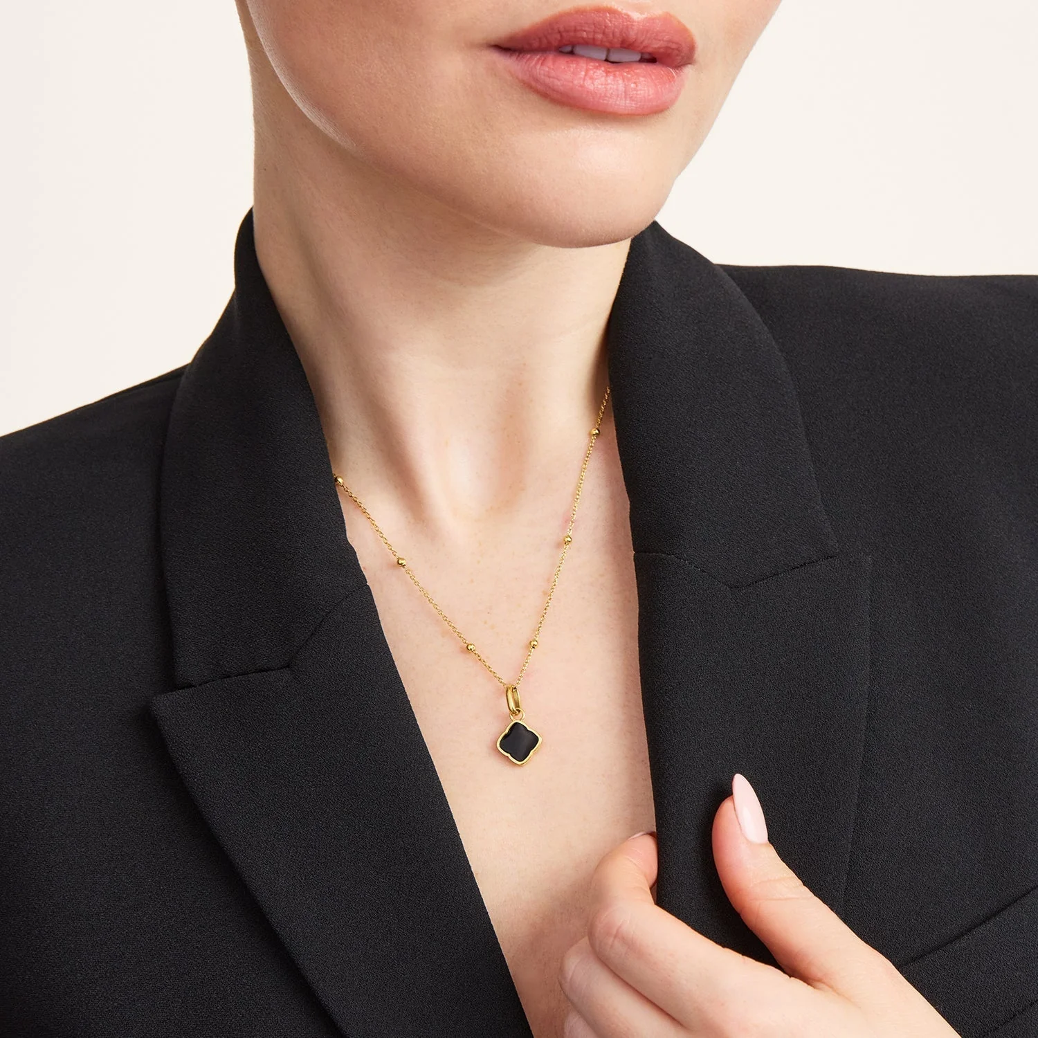 Black Enamel Clover & Initial Necklace (Gold)