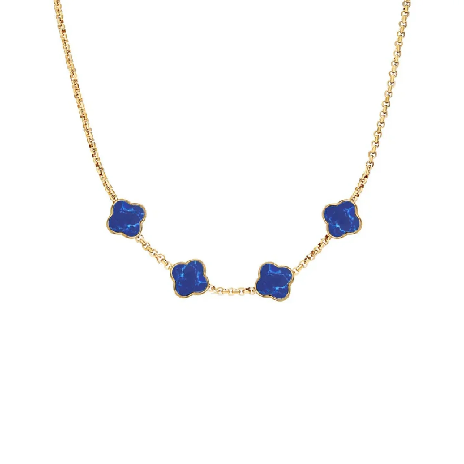 Blue Lace Agate Clover Custom Name Necklace (Gold)