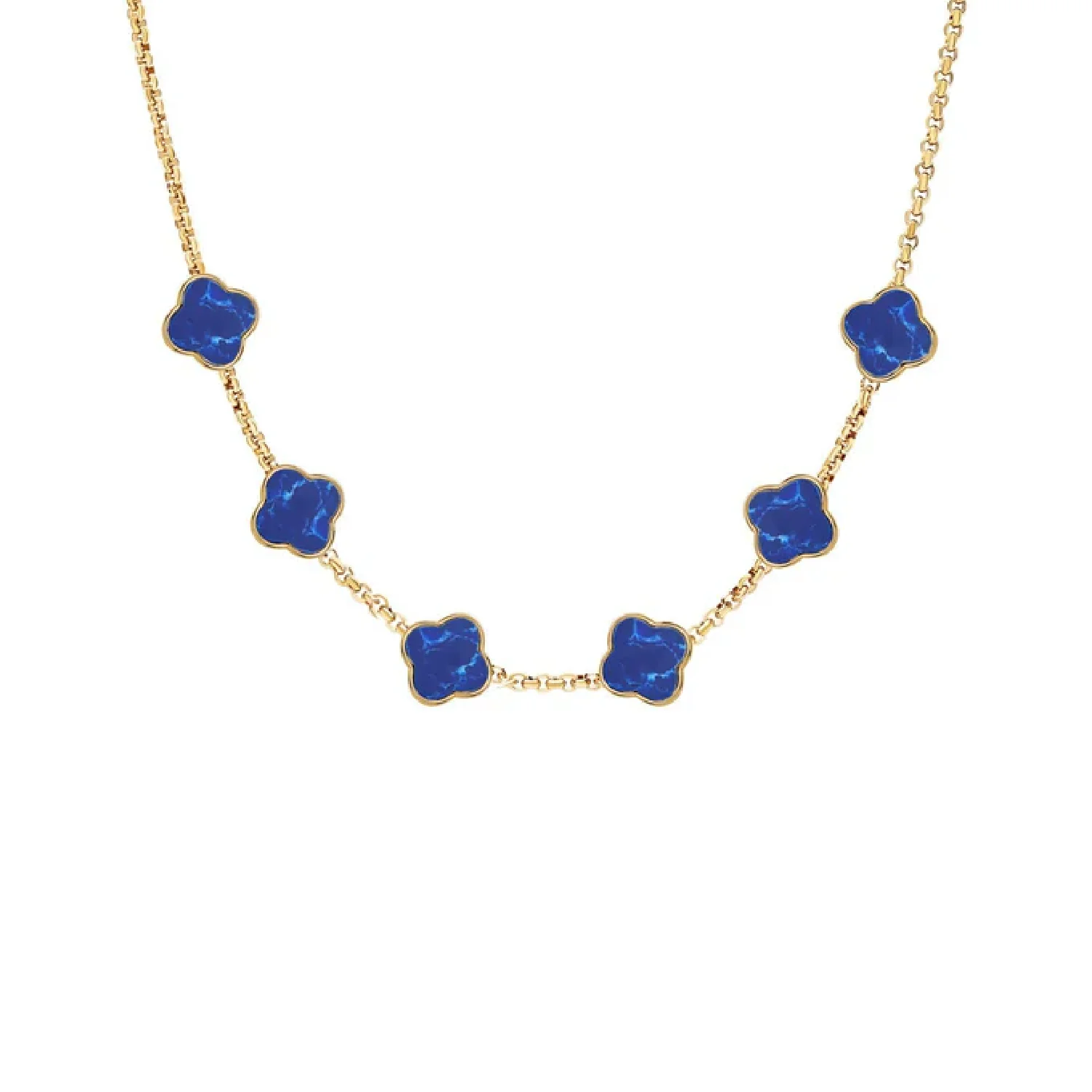 Blue Lace Agate Clover Custom Name Necklace (Gold)