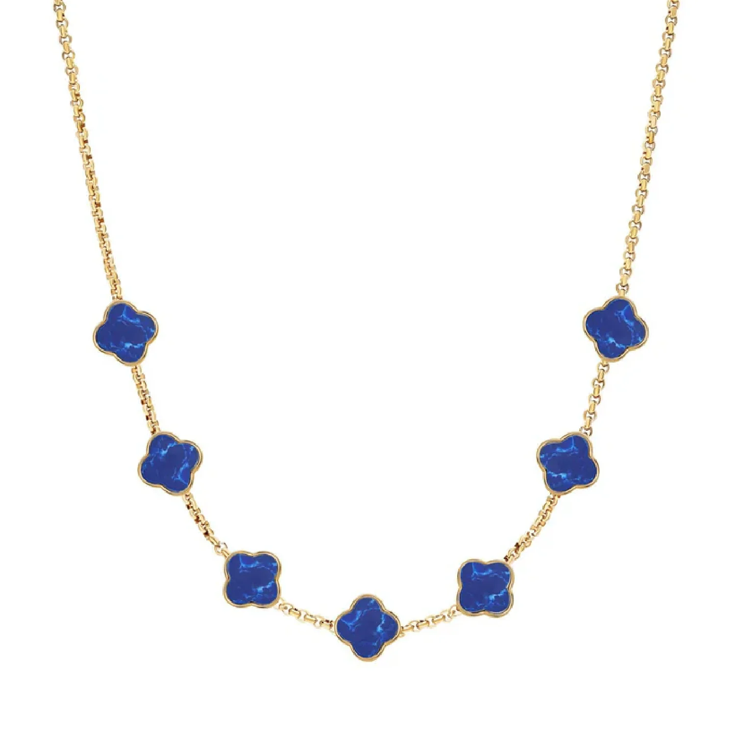 Blue Lace Agate Clover Custom Name Necklace (Gold)