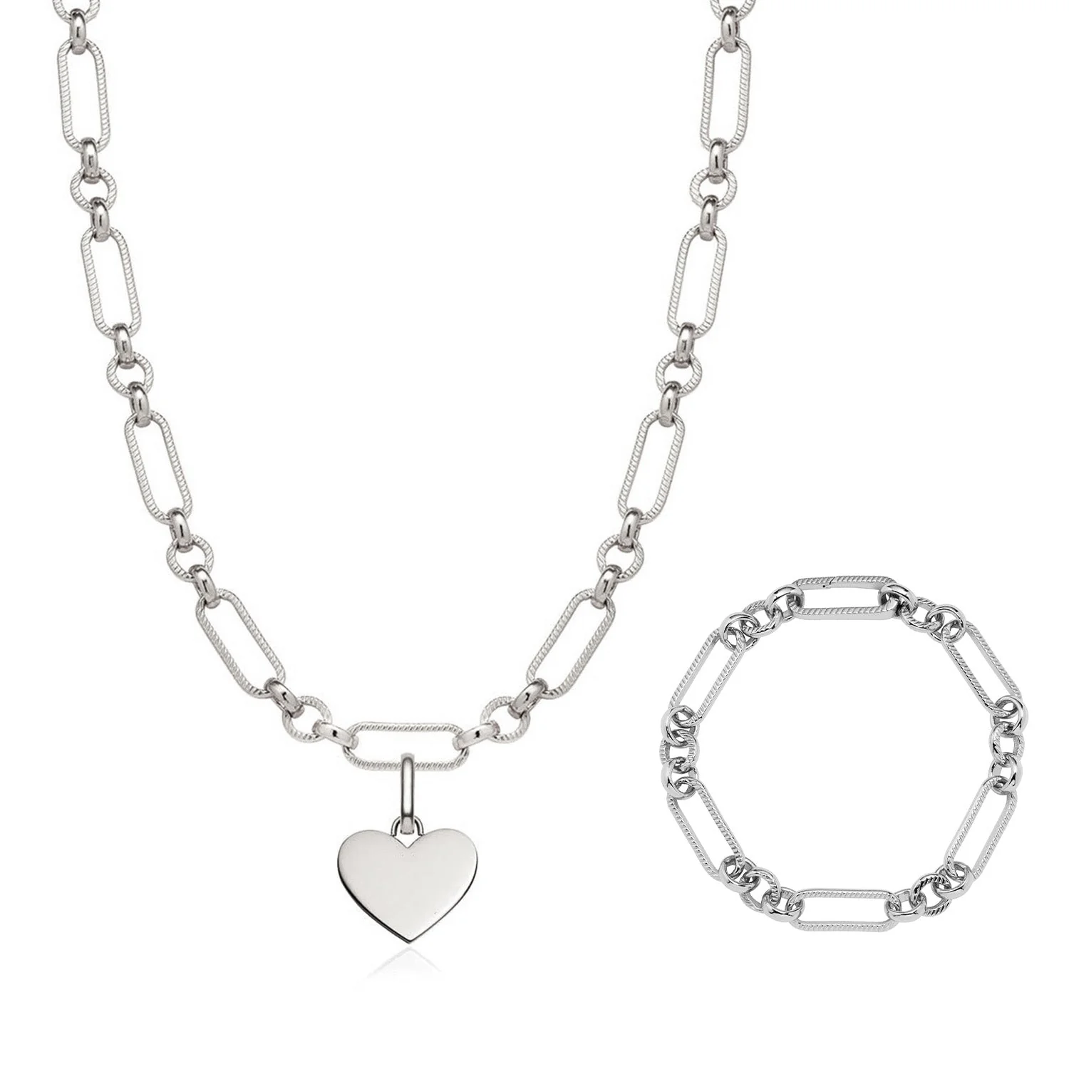 Heart Figaro Chain Necklace & Bracelet Bundle (Silver)
