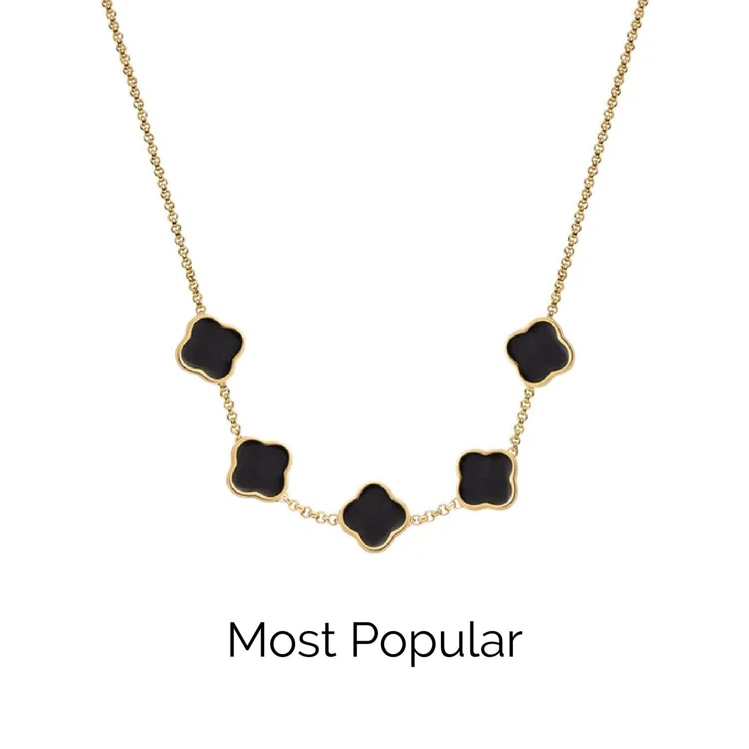 Black Enamel Clover Custom Name Necklace (Gold)