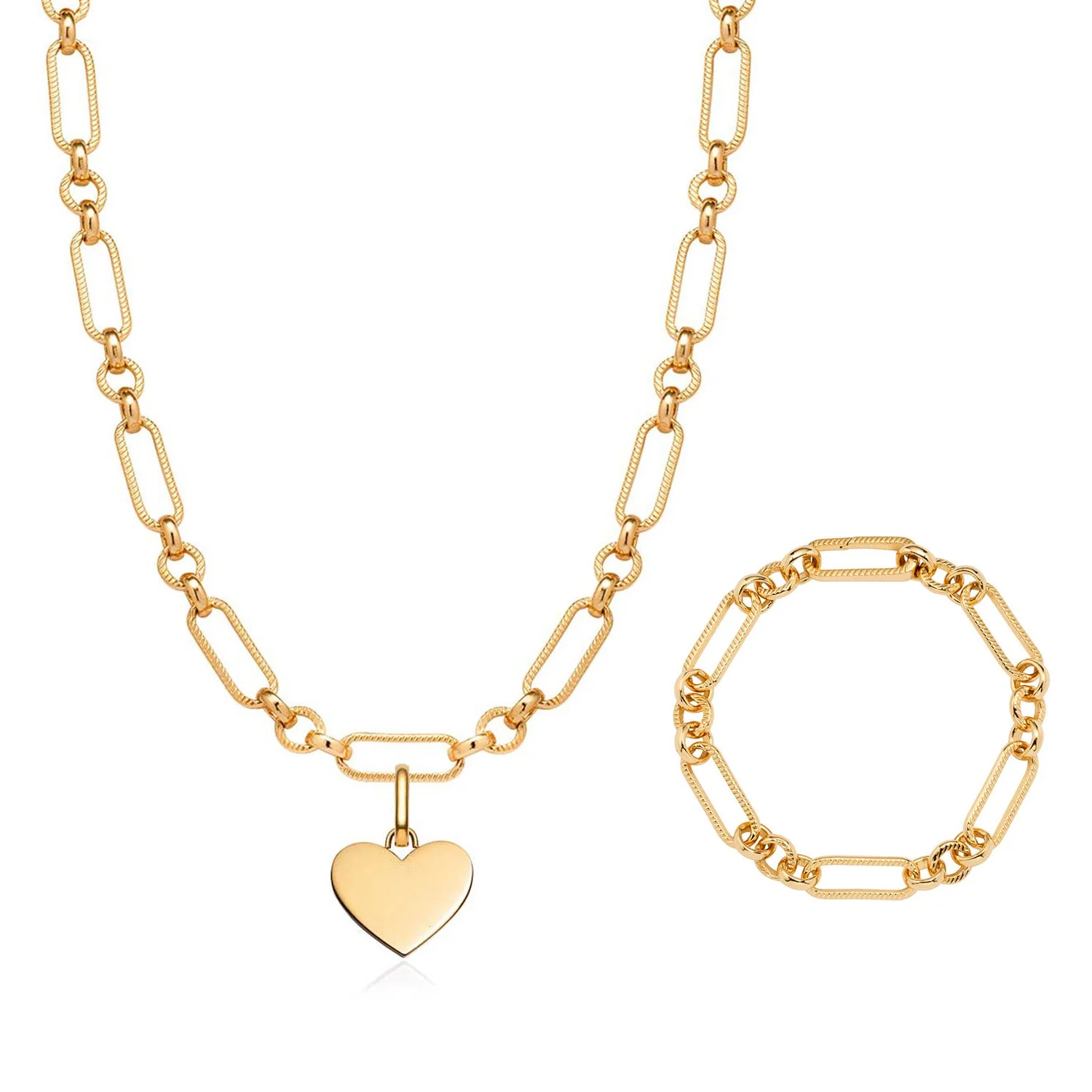 Heart Figaro Chain Necklace & Bracelet Bundle (Gold)