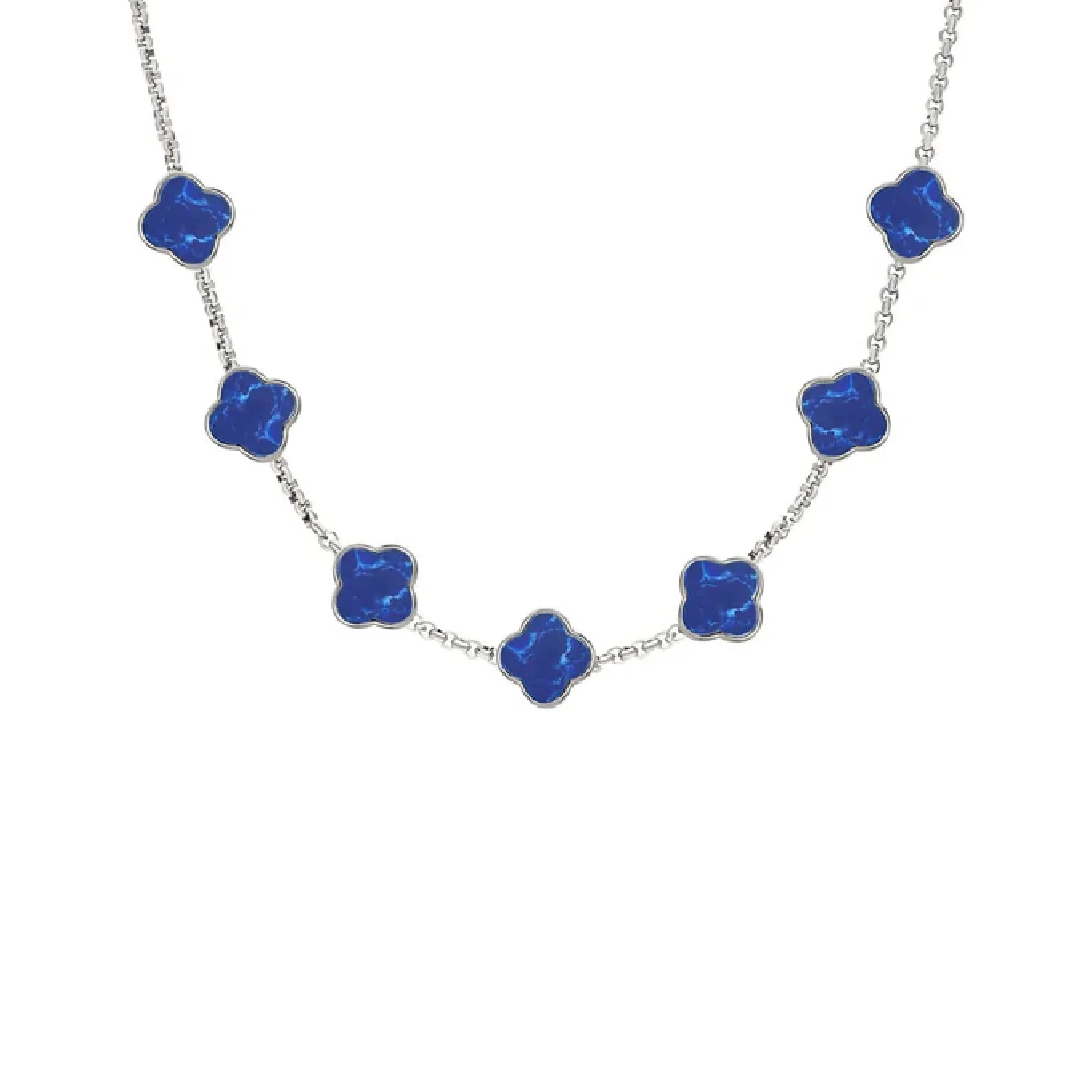 Blue Lace Agate Clover Custom Name Necklace (Silver)