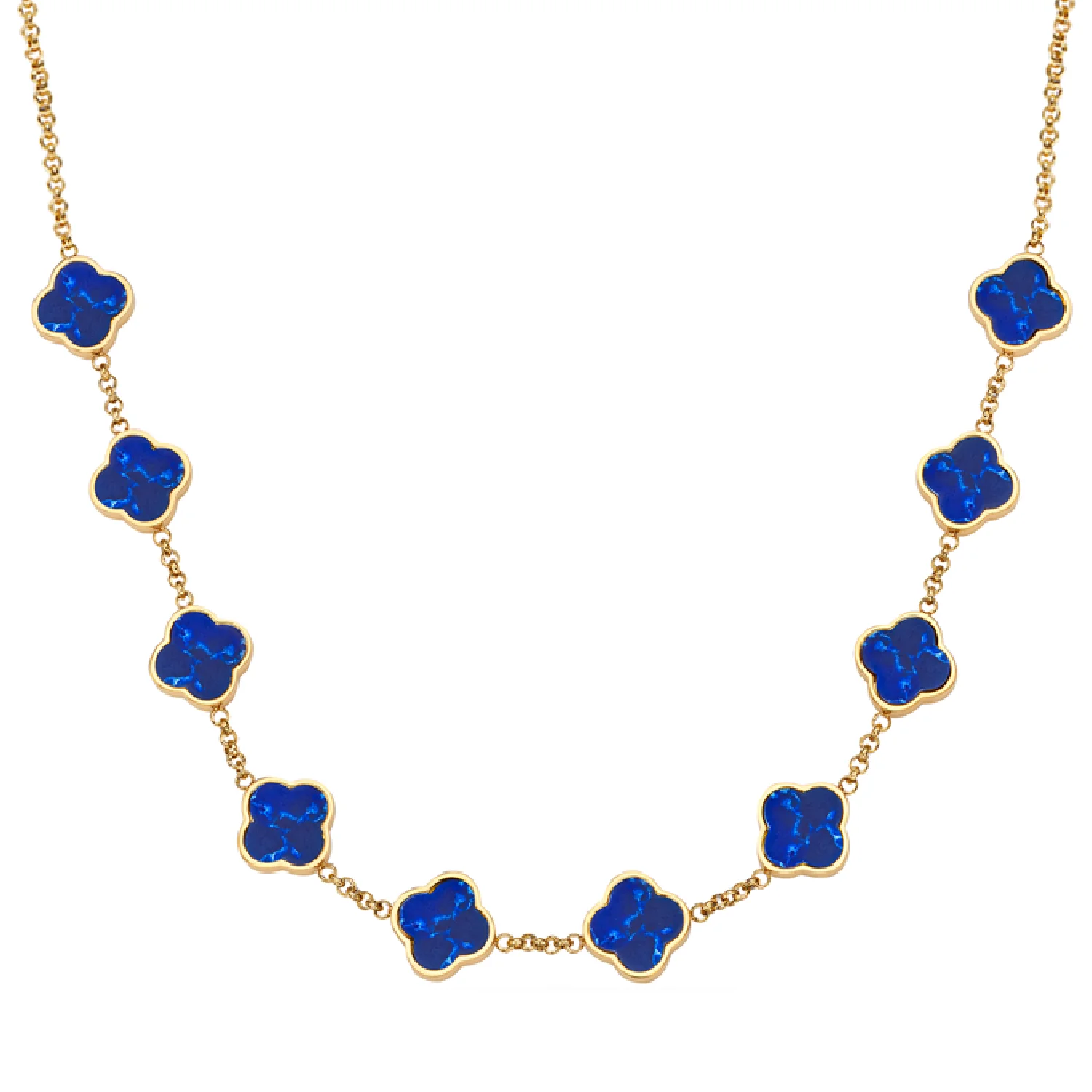 Blue Lace Agate Clover Custom Name Necklace (Gold)