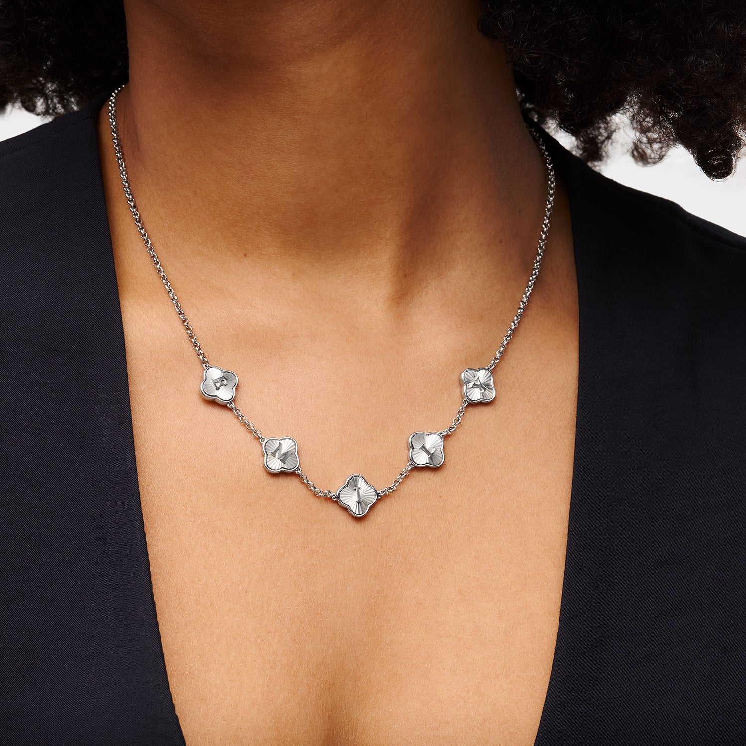 Textured Clover Custom Name Necklace (Silver)