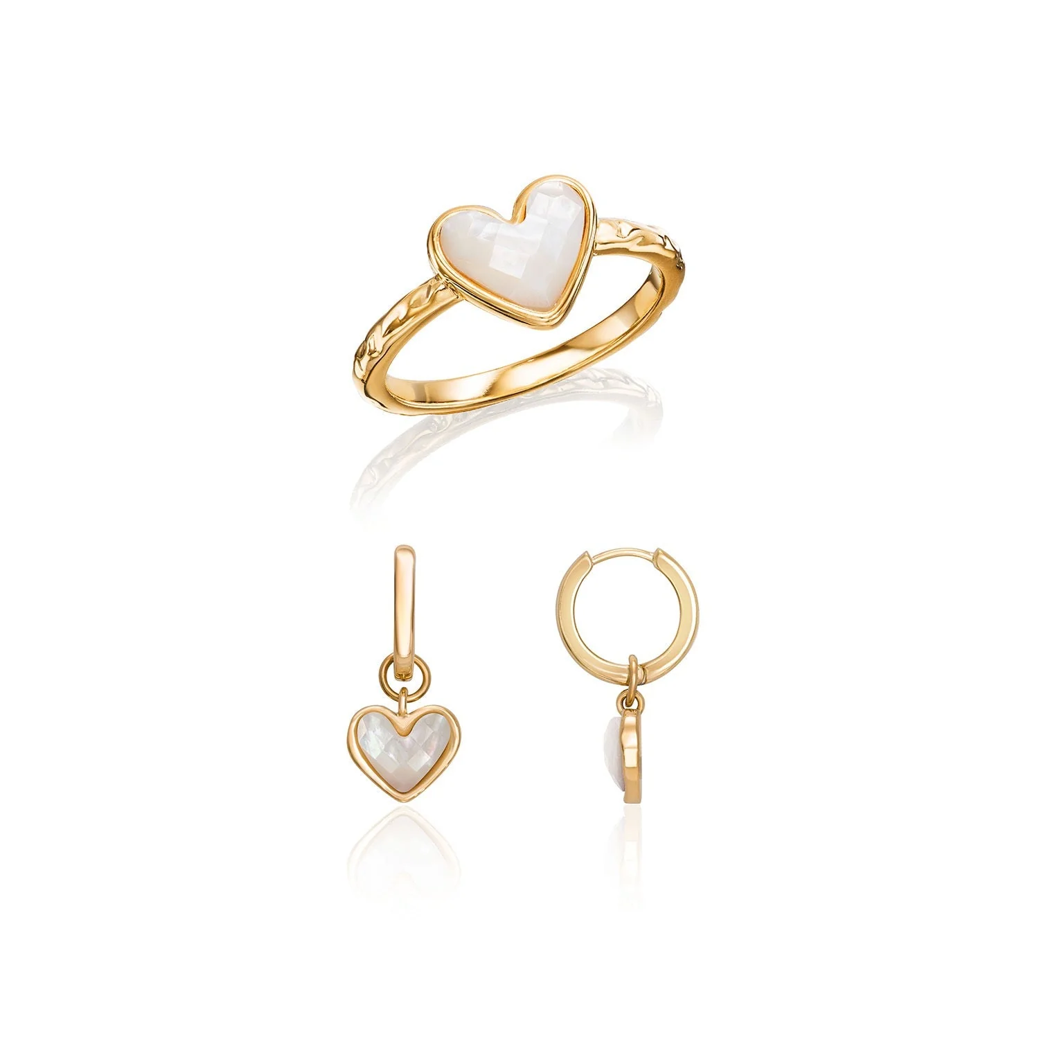 White Quartz Heart Earring & Ring Bundle (Gold)