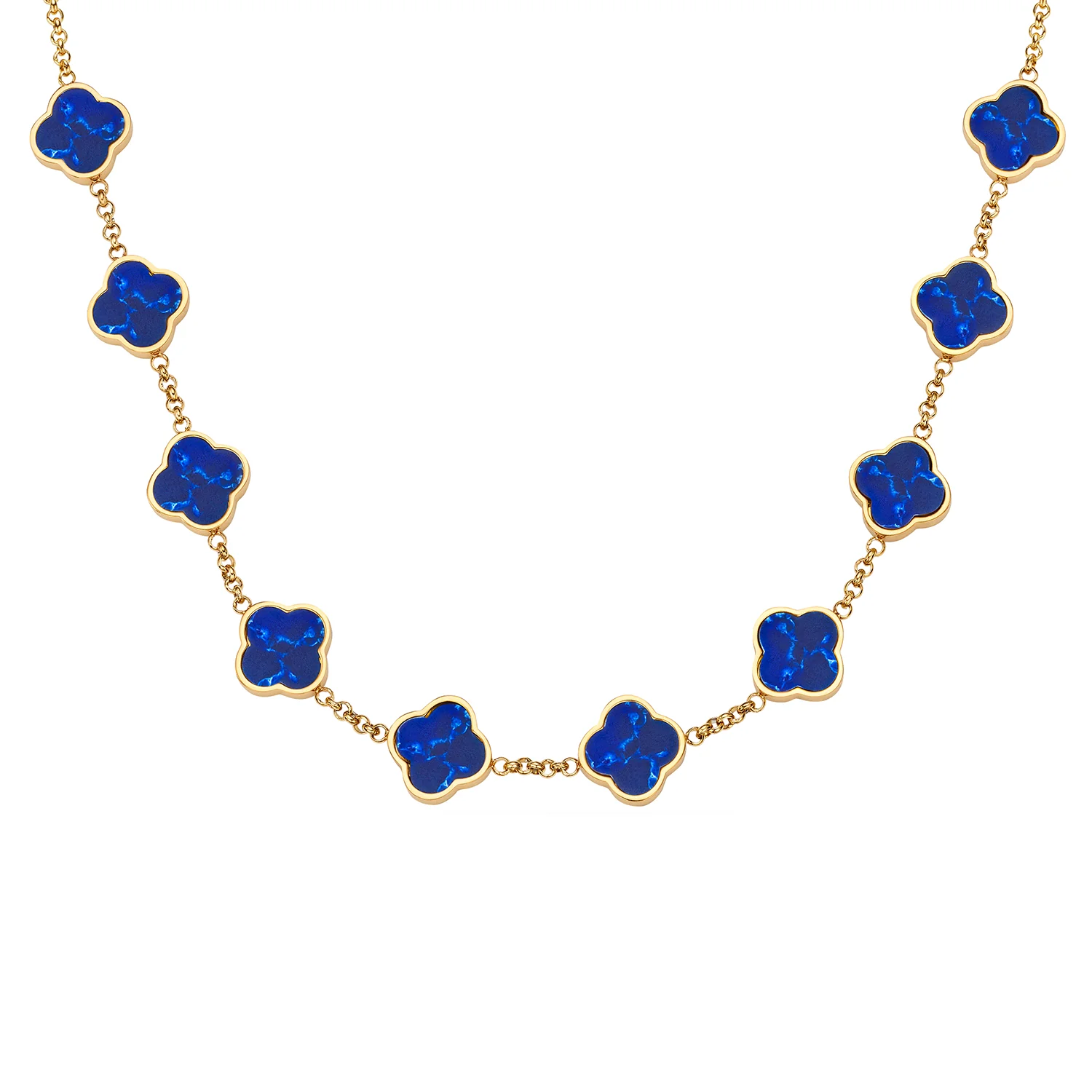 Blue Lace Agate Clover Custom Name Necklace (Gold)