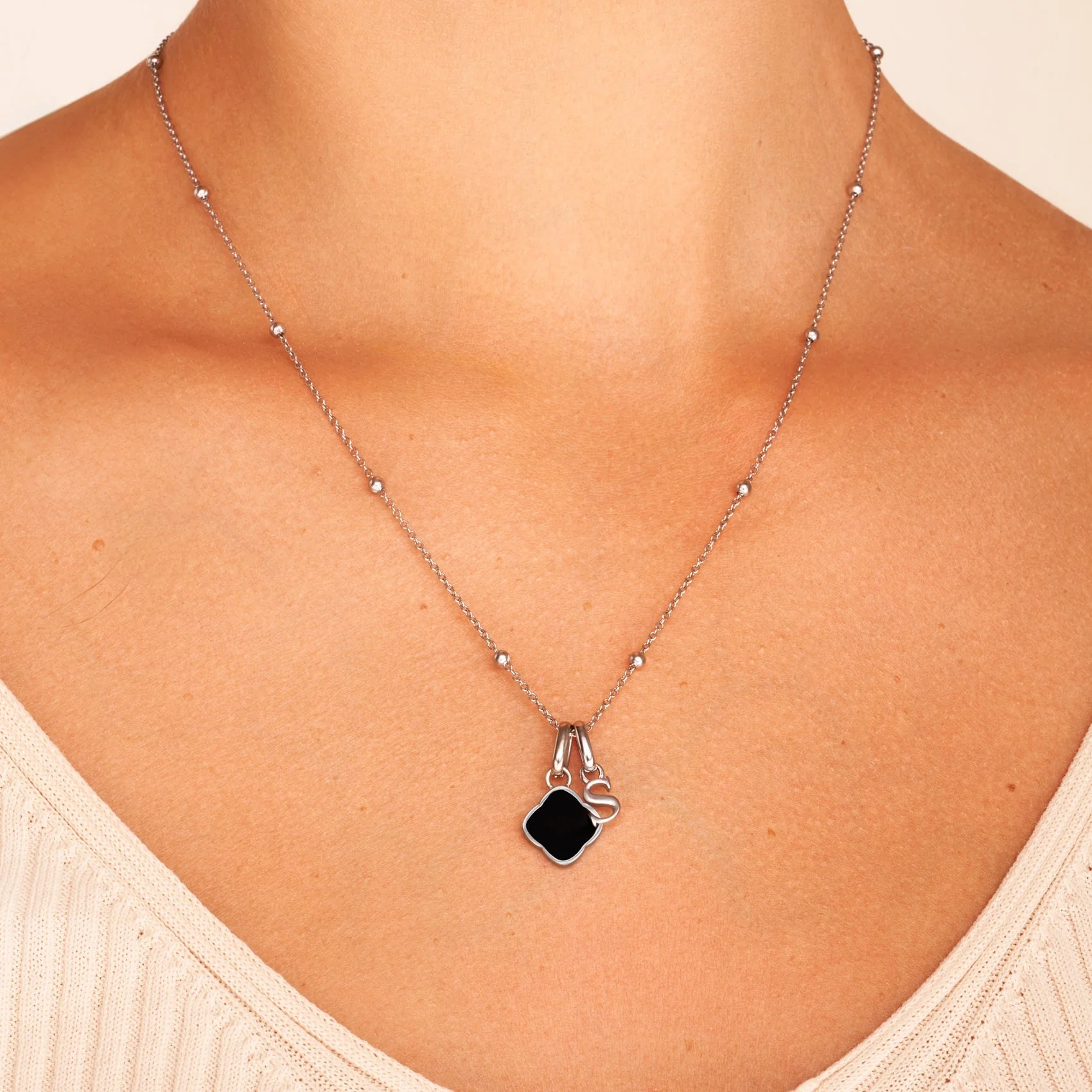 Black Enamel Clover Pendant (Silver)