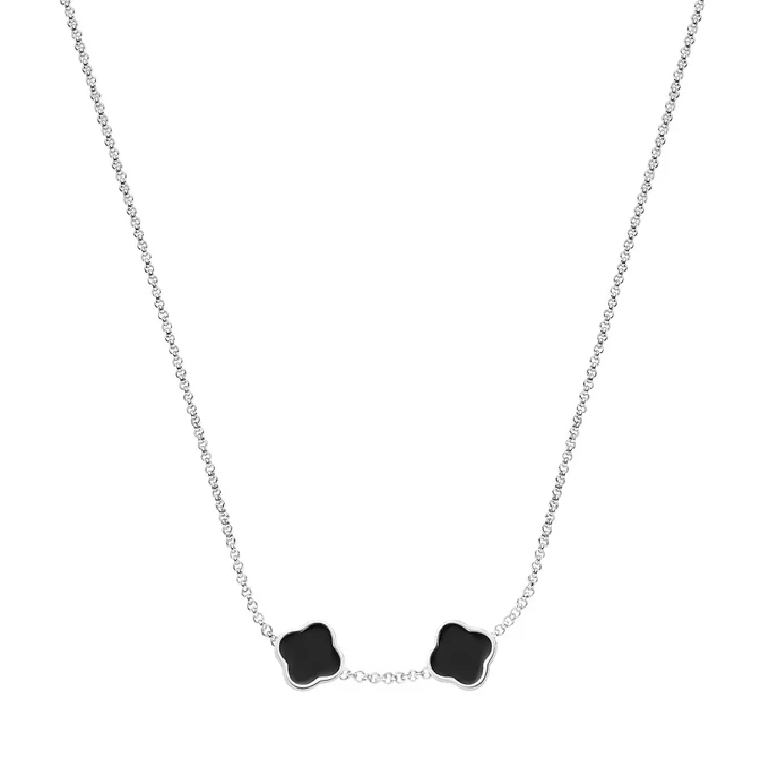 Black Enamel Clover Custom Name Necklace (Silver)