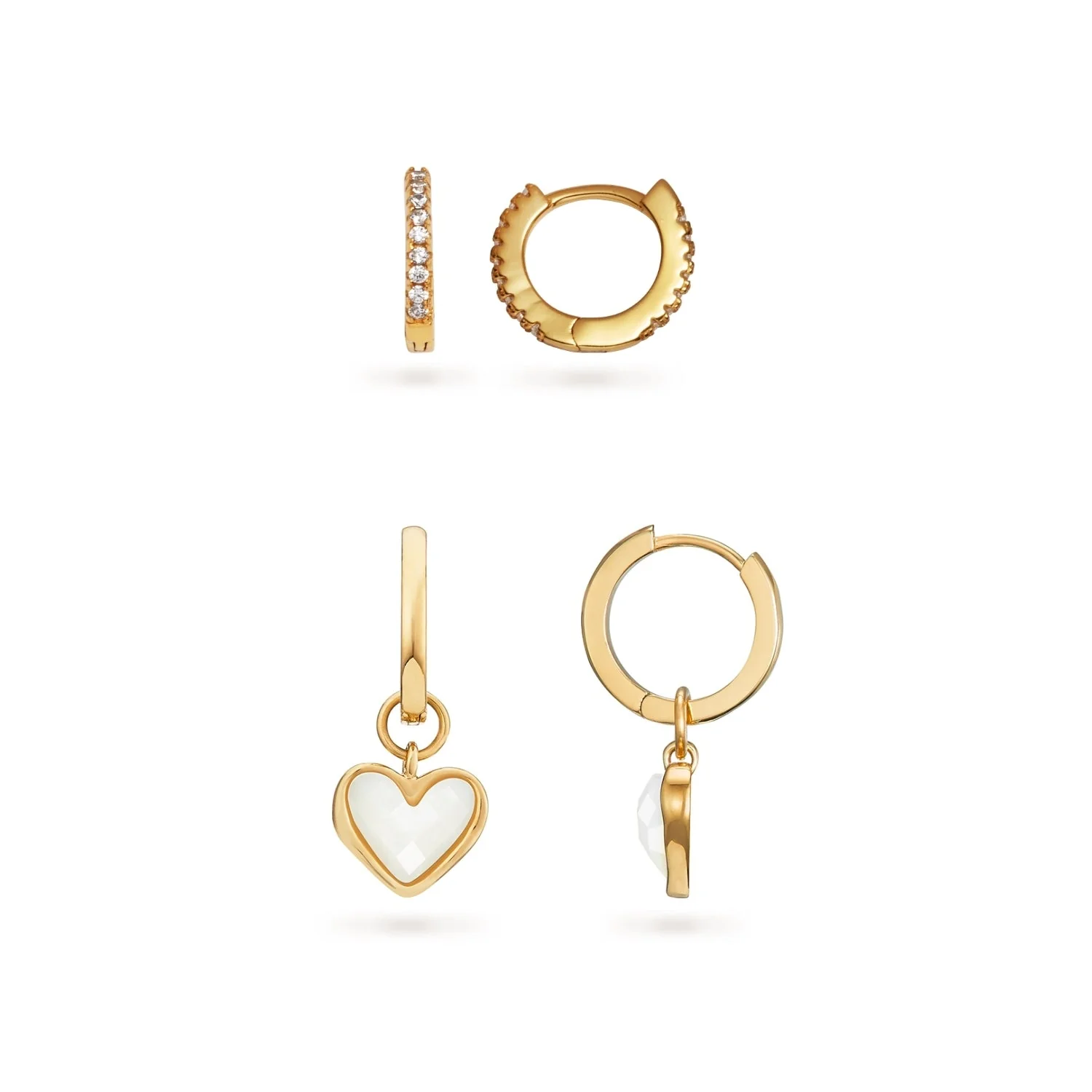 White Quartz Heart Huggie Earrings Bundle (Gold)