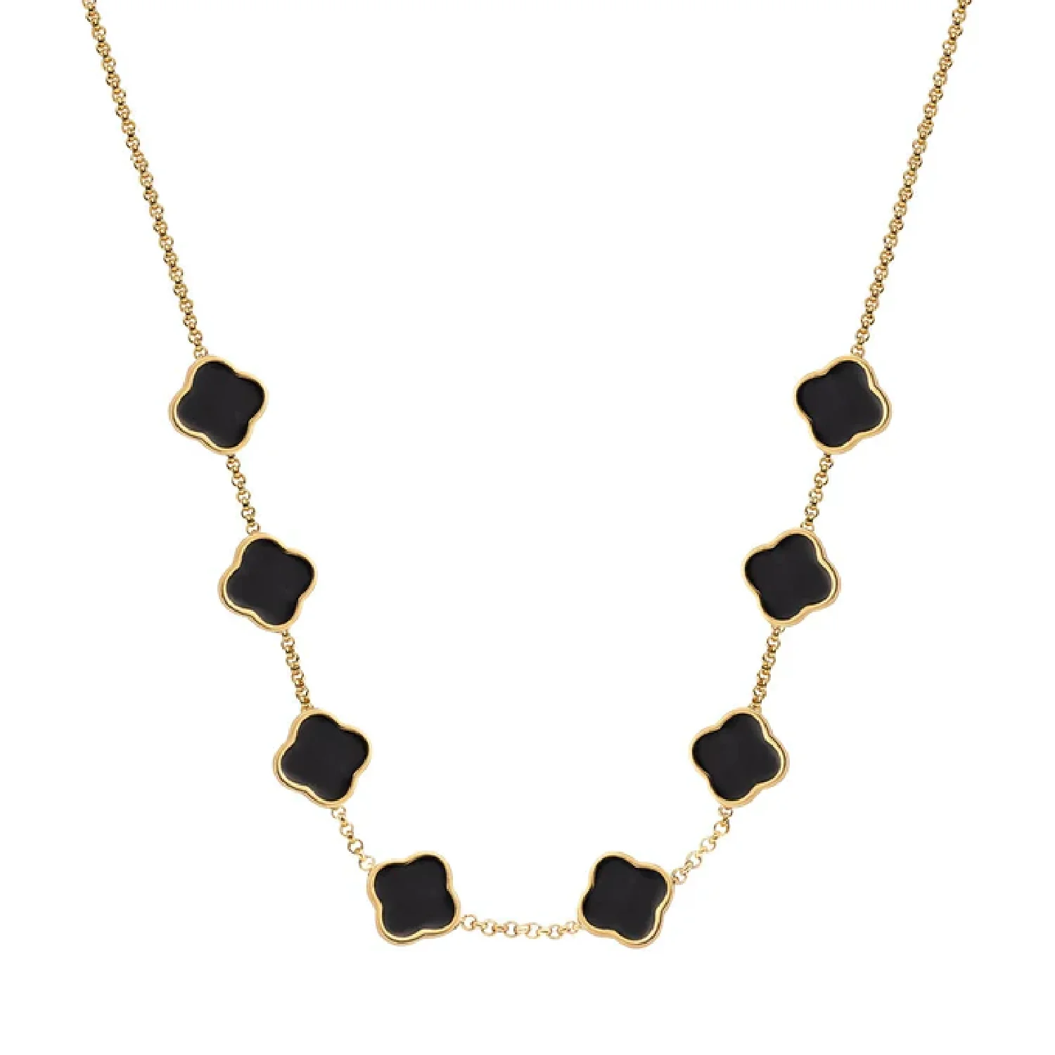 Black Enamel Clover Custom Name Necklace (Gold)