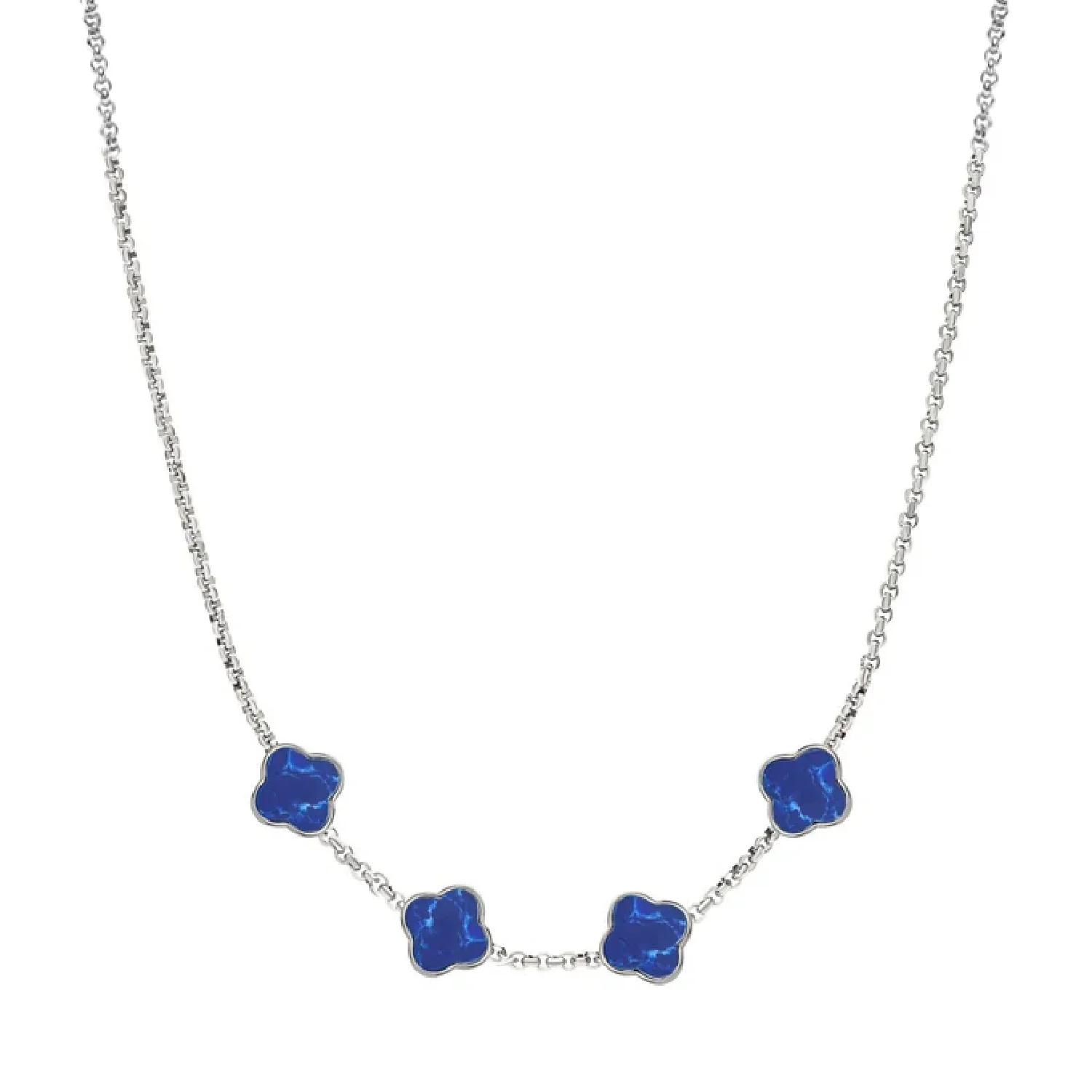 Blue Lace Agate Clover Custom Name Necklace (Silver)