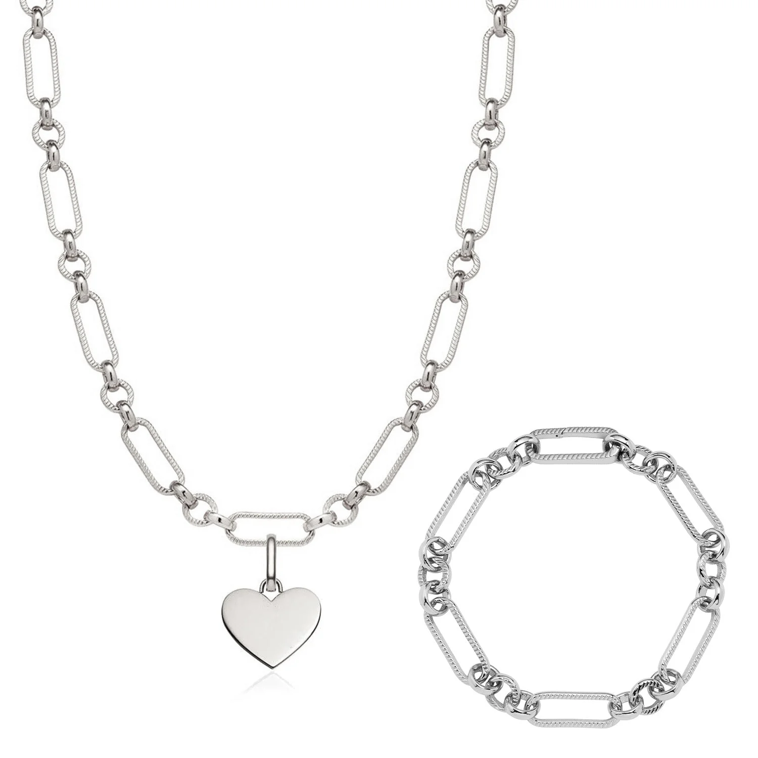 Heart Figaro Chain Necklace & Bracelet Bundle (Silver)