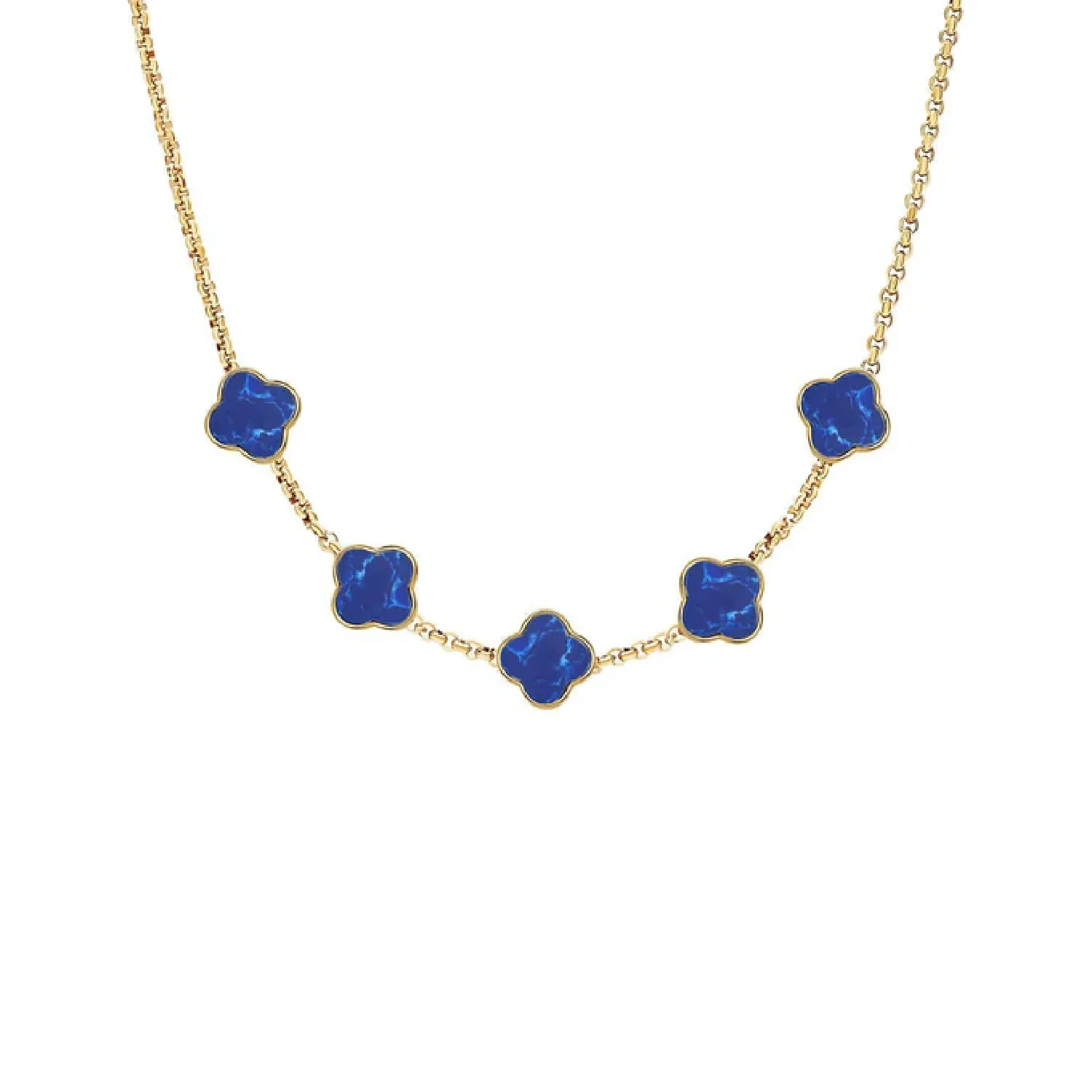 Blue Lace Agate Clover Custom Name Necklace (Gold)