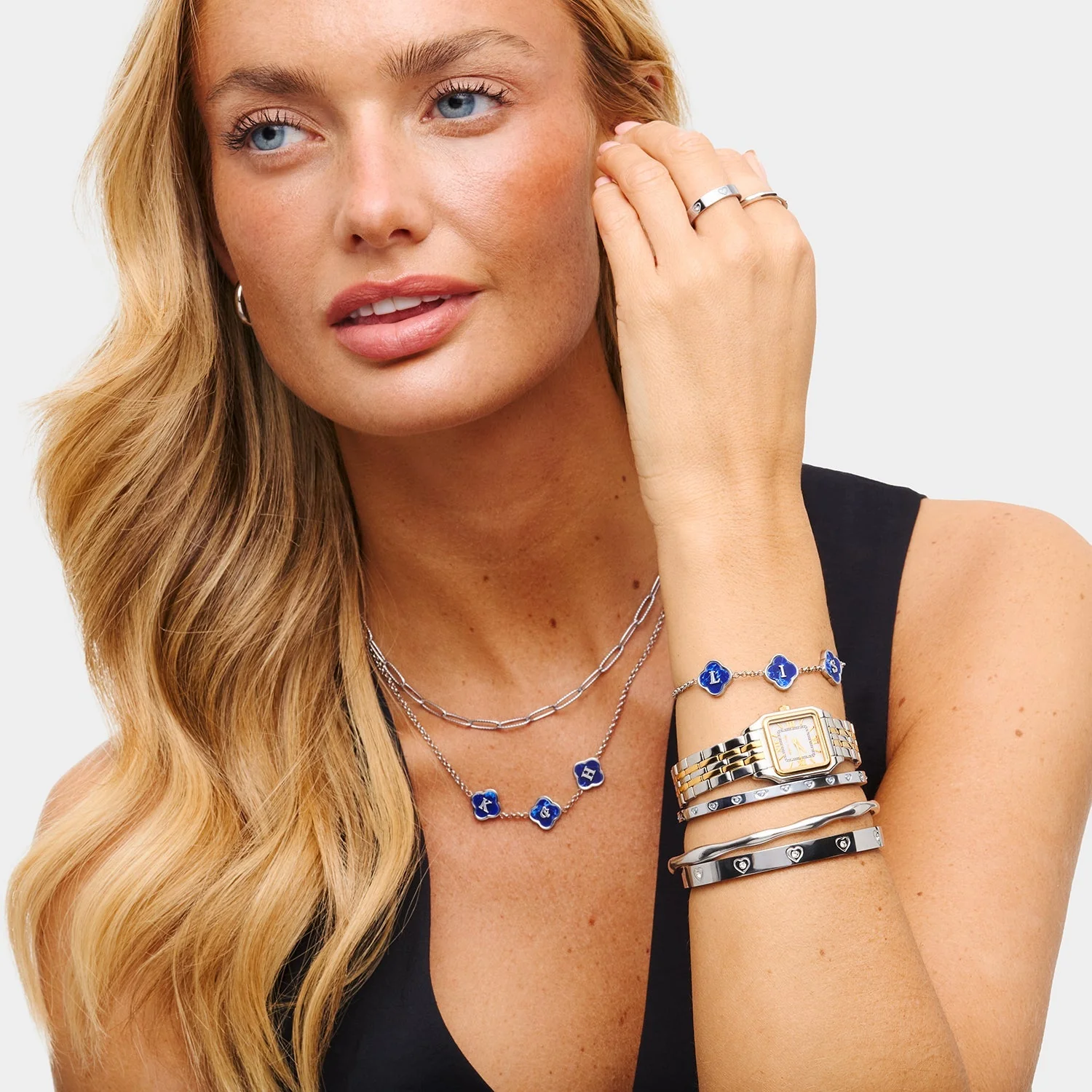 Blue Lace Agate Clover Custom Name Bracelet (Silver)