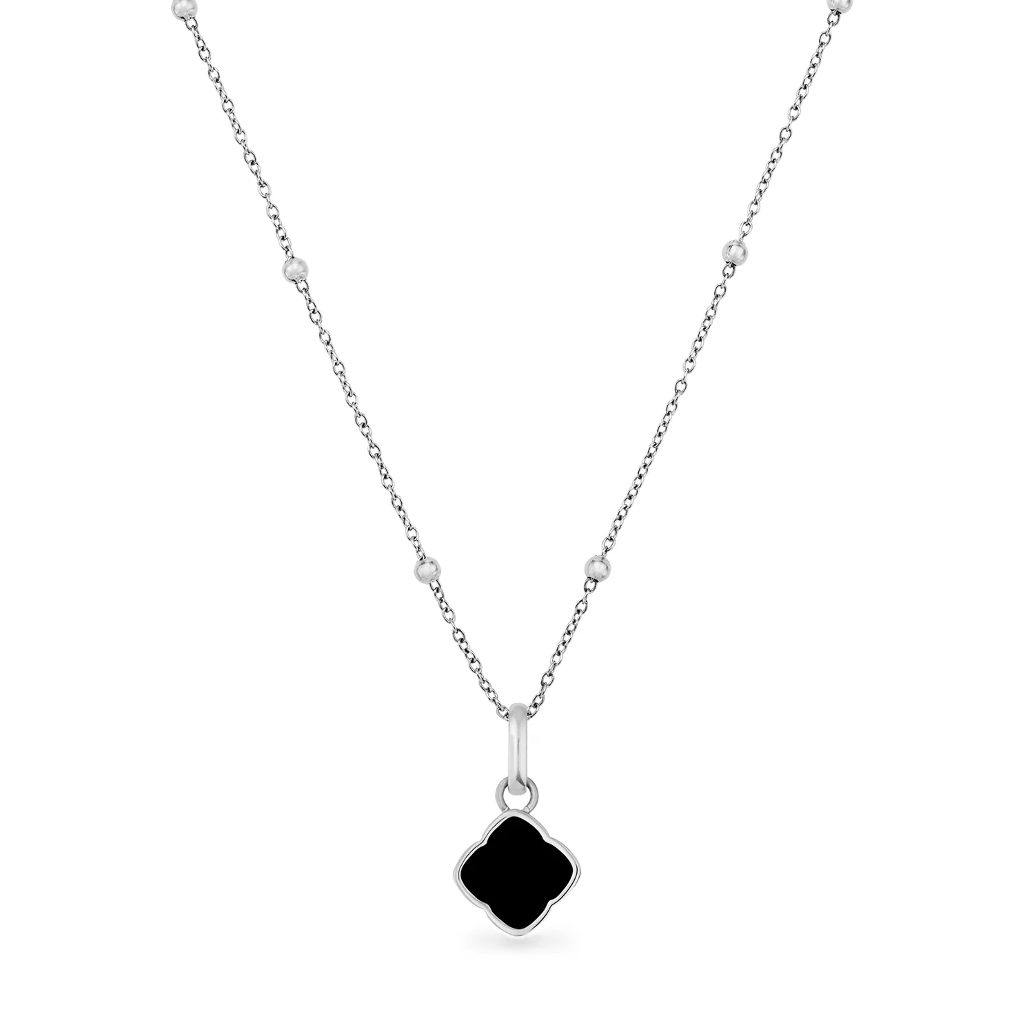 Black Enamel Clover Pendant Necklace (Silver)