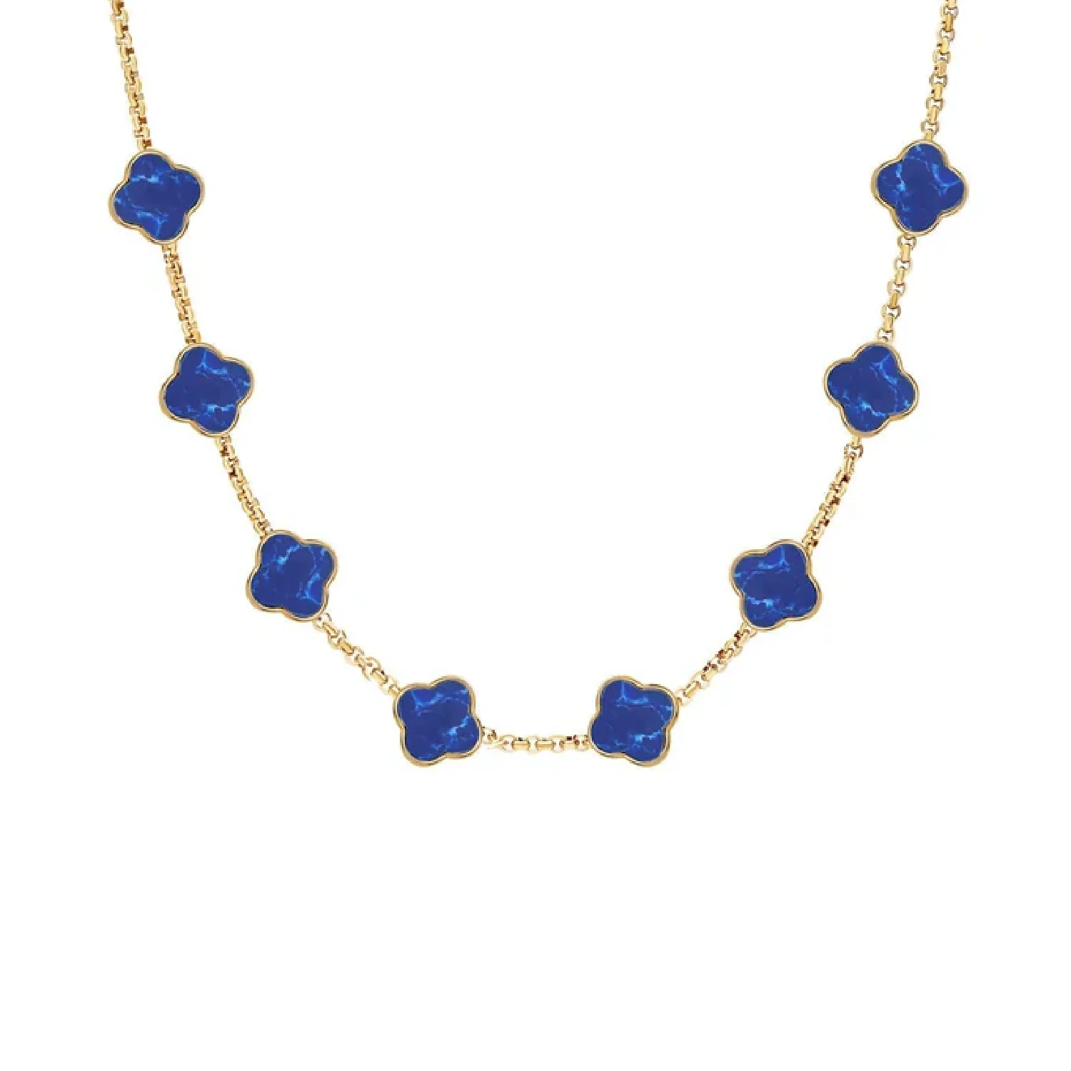 Blue Lace Agate Clover Custom Name Necklace (Gold)