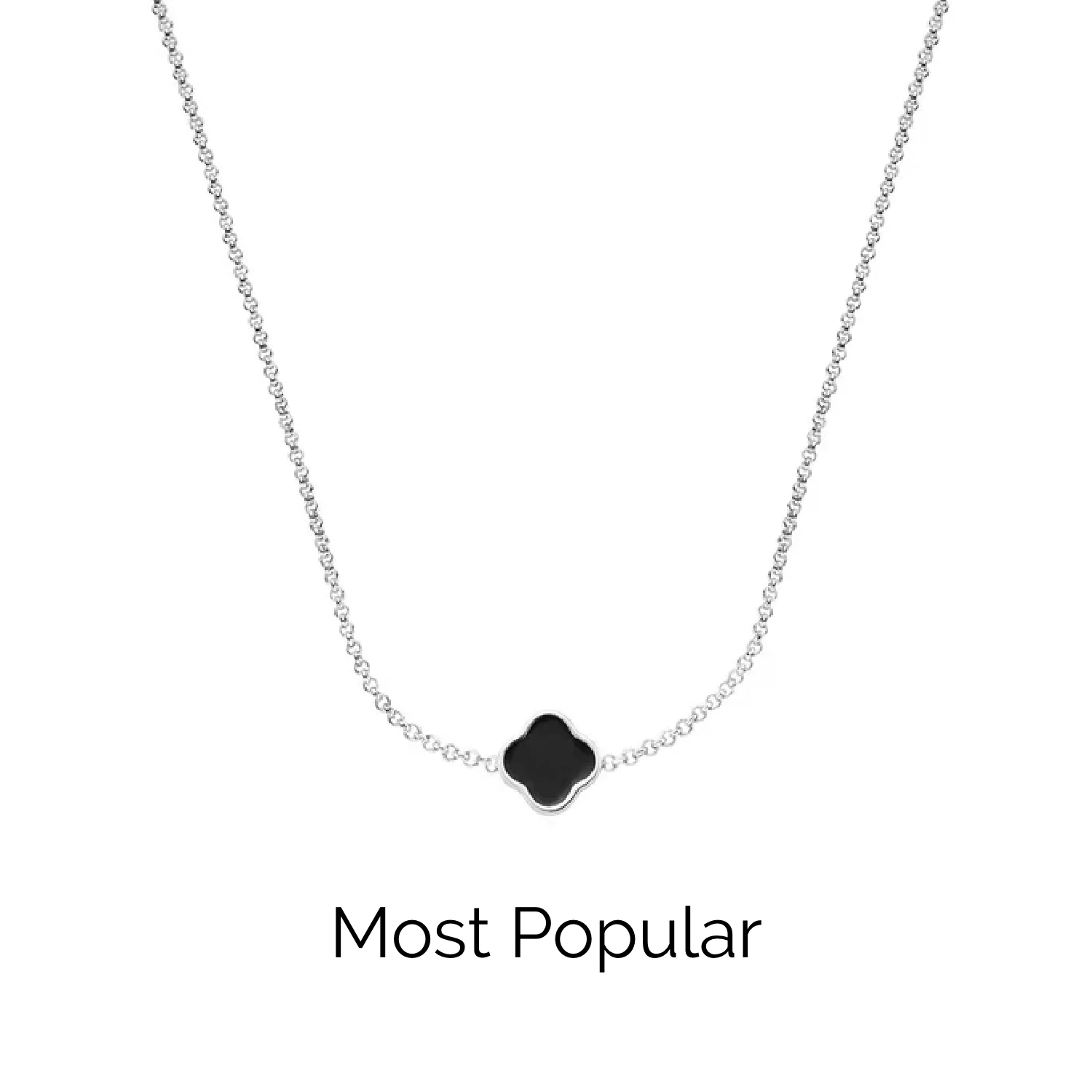 Black Enamel Clover Custom Name Necklace (Silver)