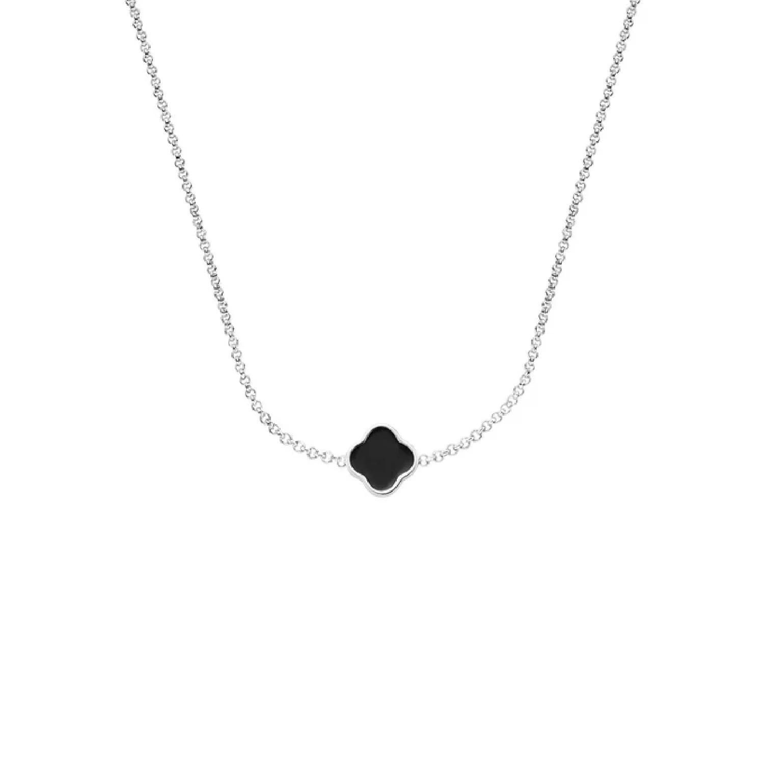 Black Enamel Clover Custom Name Necklace (Silver)