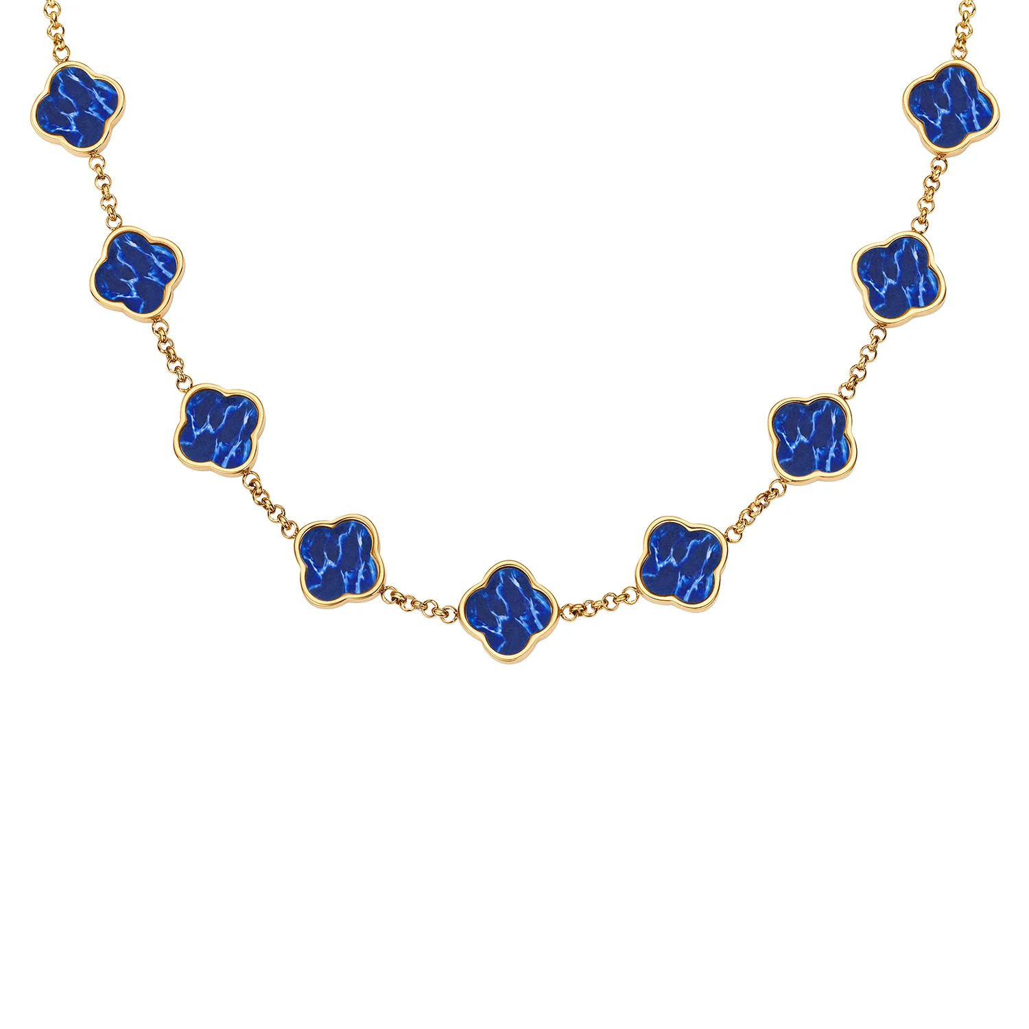 Blue Lace Agate Clover Custom Name Necklace (Gold)