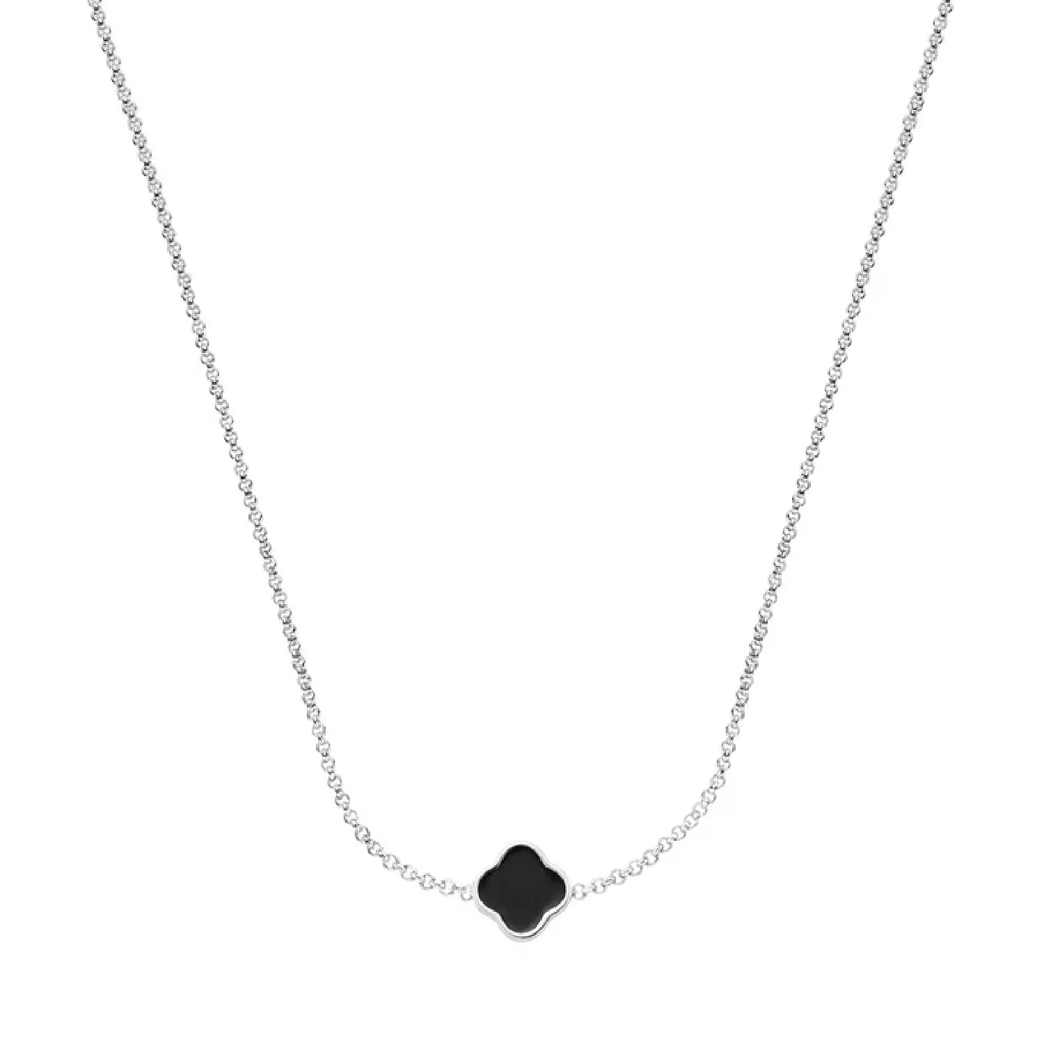 Black Enamel Clover Custom Name Necklace (Silver)