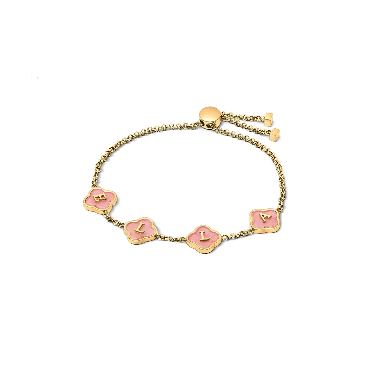 Rose Quartz Clover Custom Name Bracelet (Gold)
