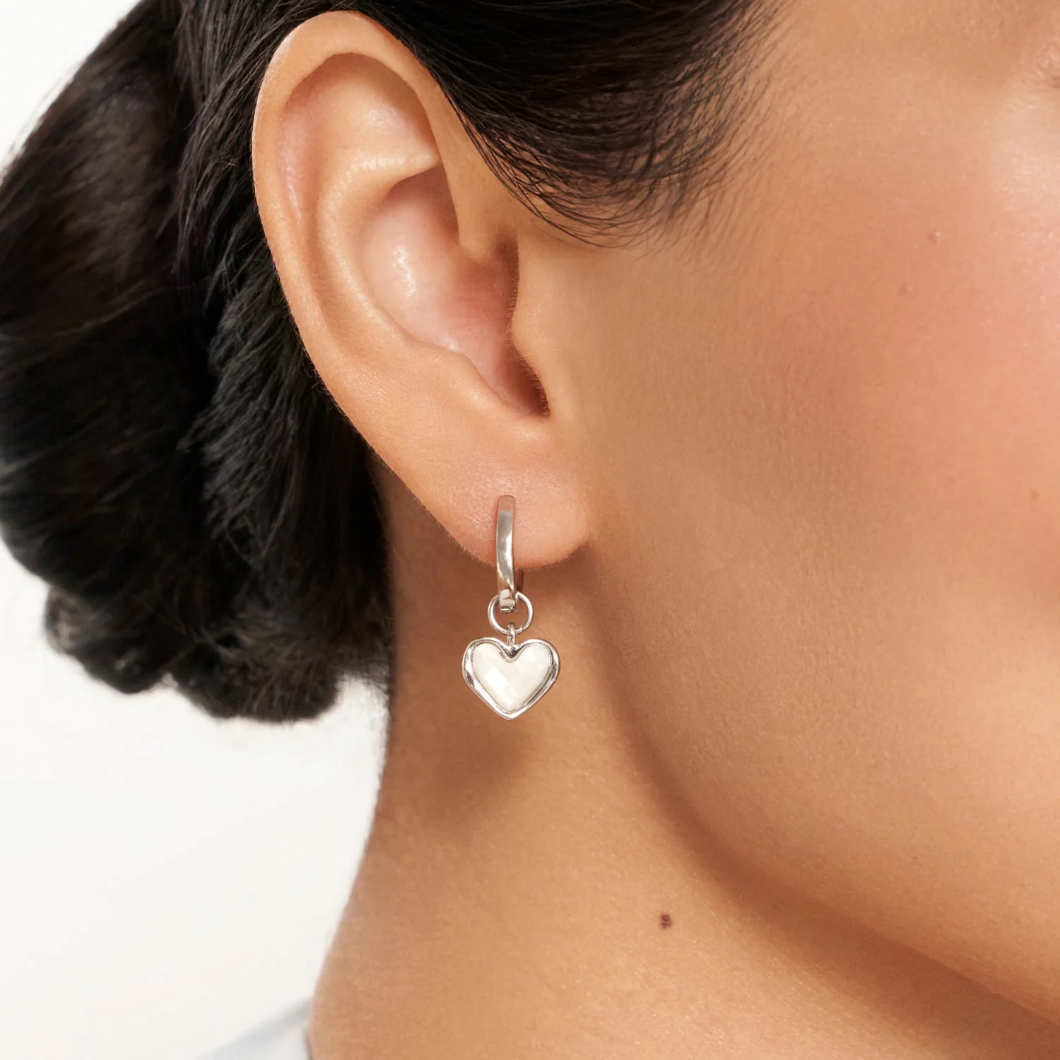 White Quartz Heart Huggie Earrings (Silver)