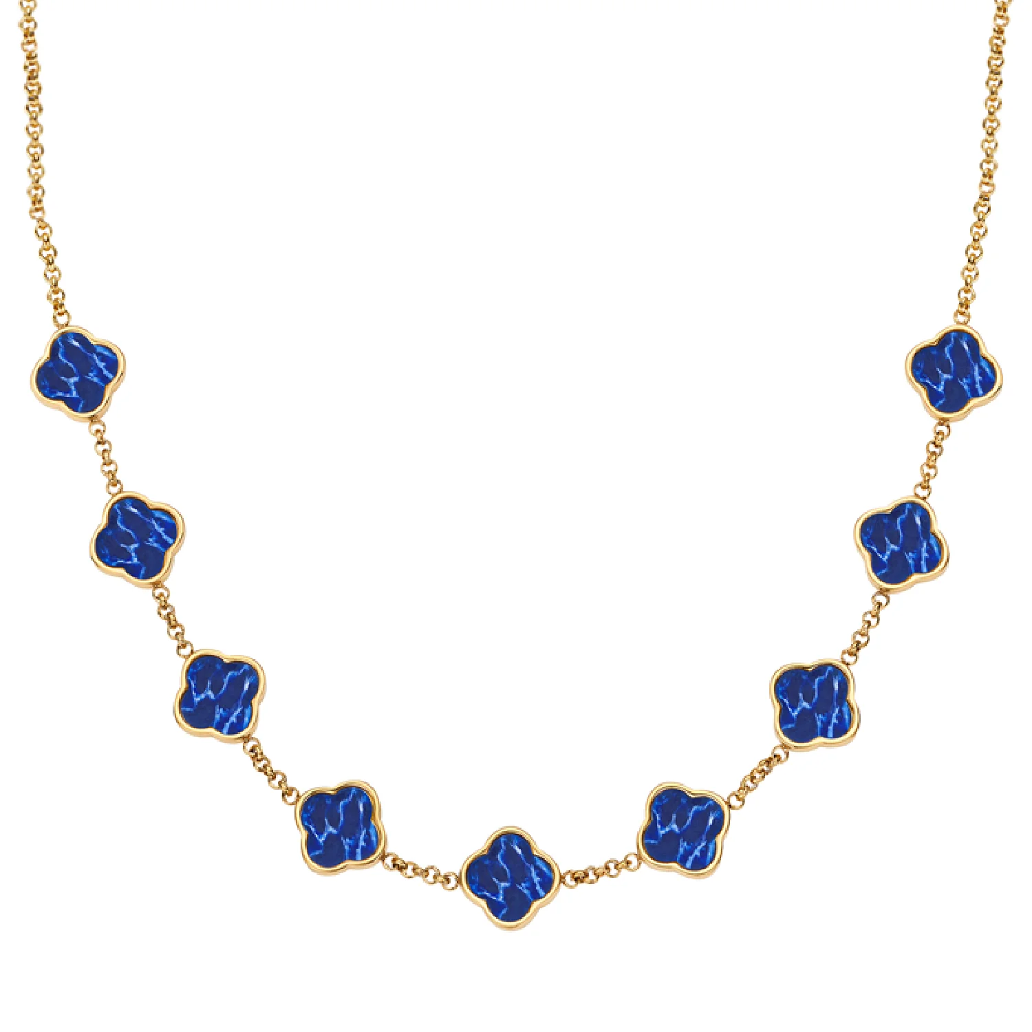 Blue Lace Agate Clover Custom Name Necklace (Gold)