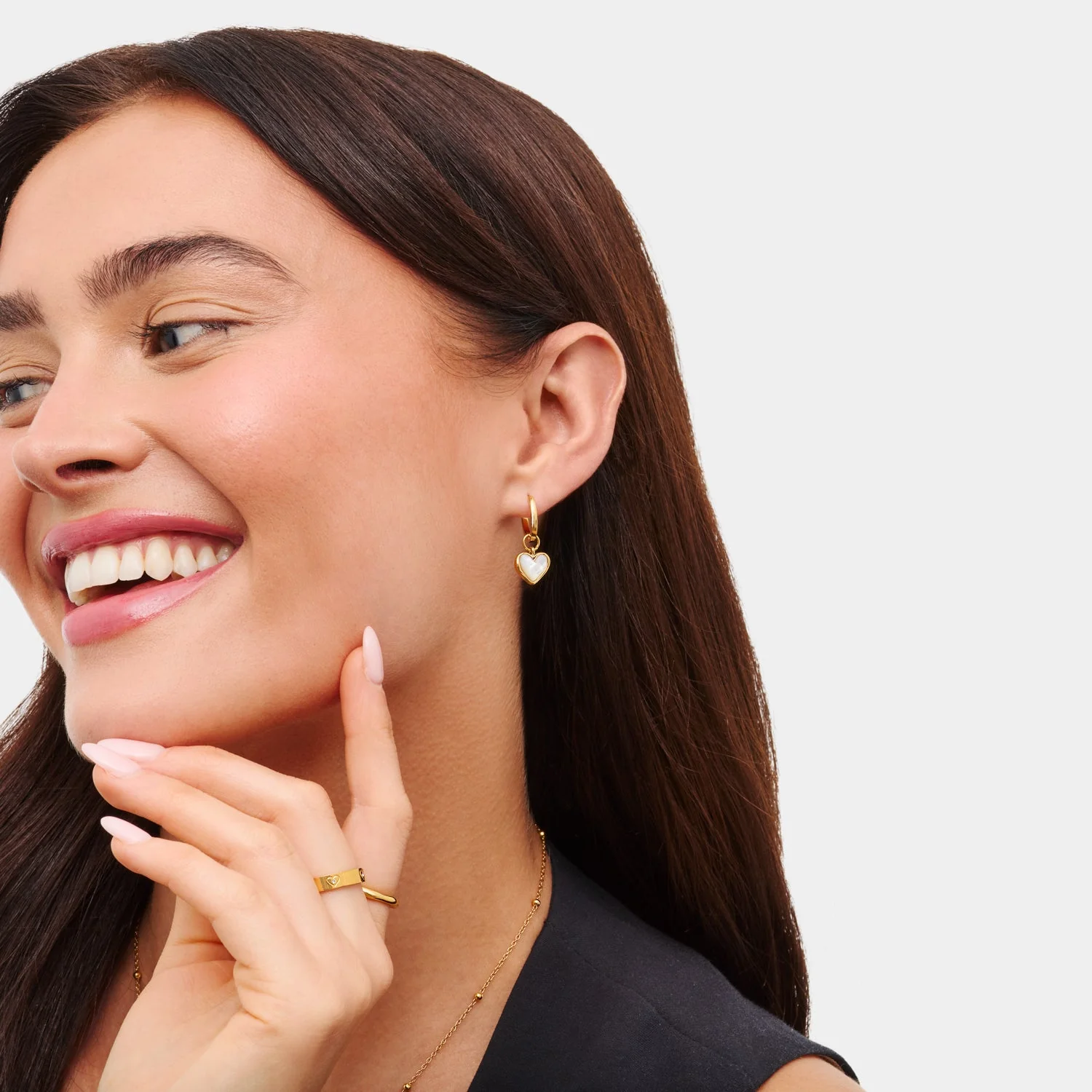 White Quartz Heart Huggie Earrings (Gold)
