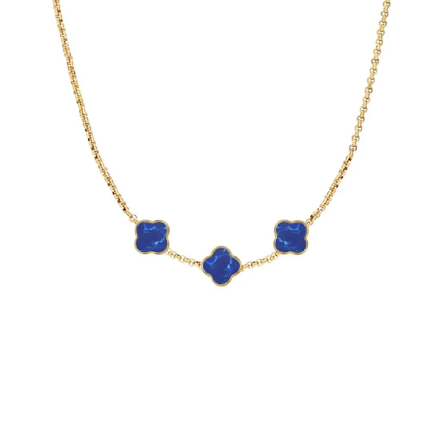 Blue Lace Agate Clover Custom Name Necklace (Gold)