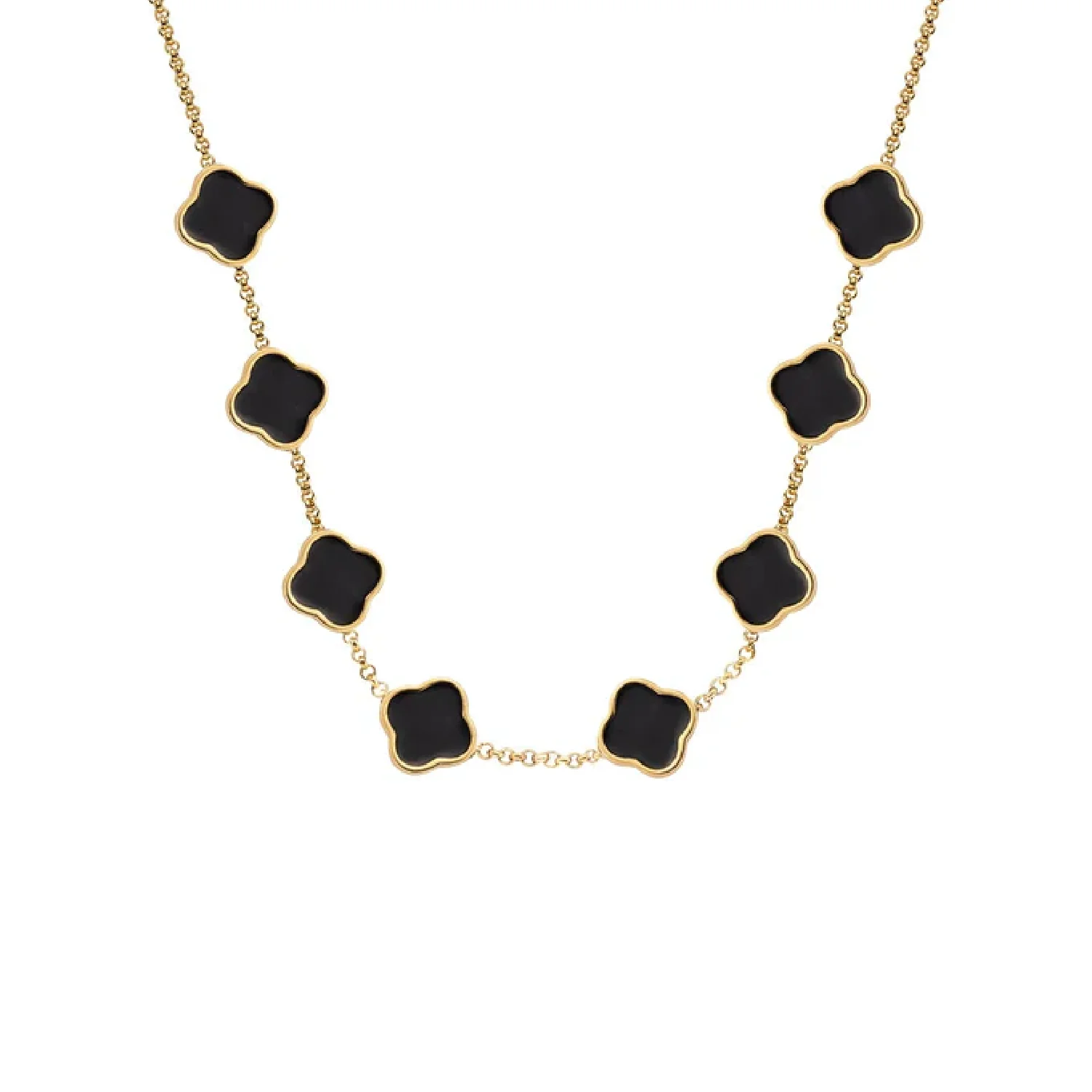 Black Enamel Clover Custom Name Necklace (Gold)