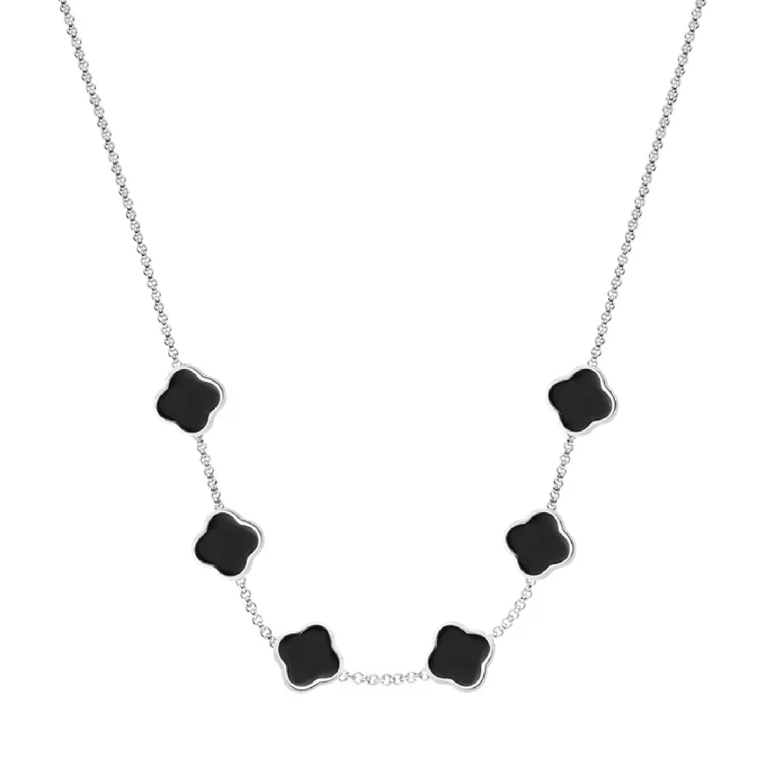 Black Enamel Clover Custom Name Necklace (Silver)