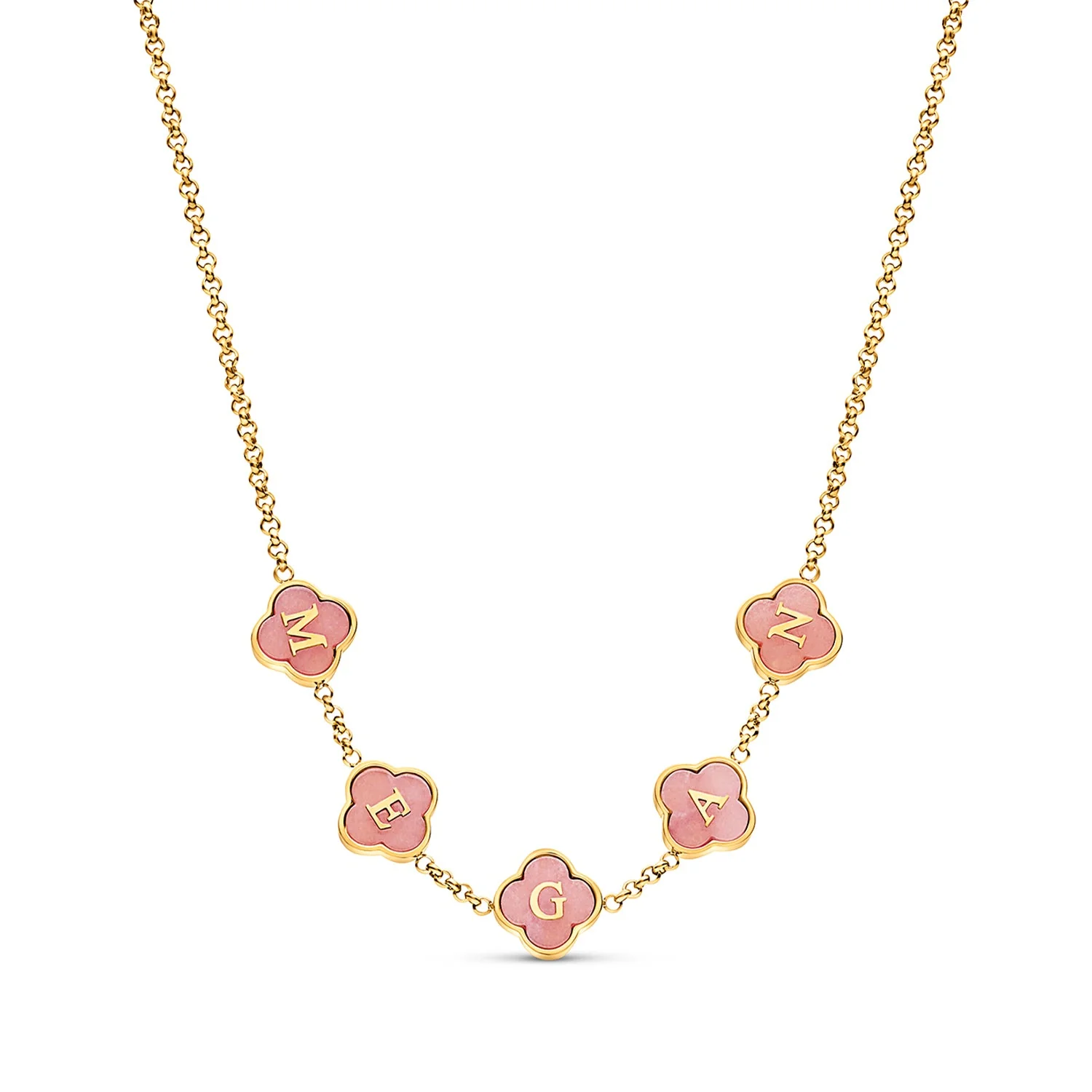 Rose Quartz Clover Custom Name Necklace (Gold)