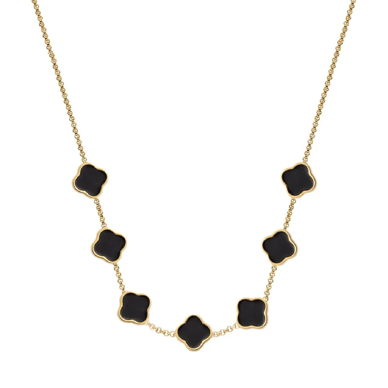Black Enamel Clover Custom Name Necklace (Gold)