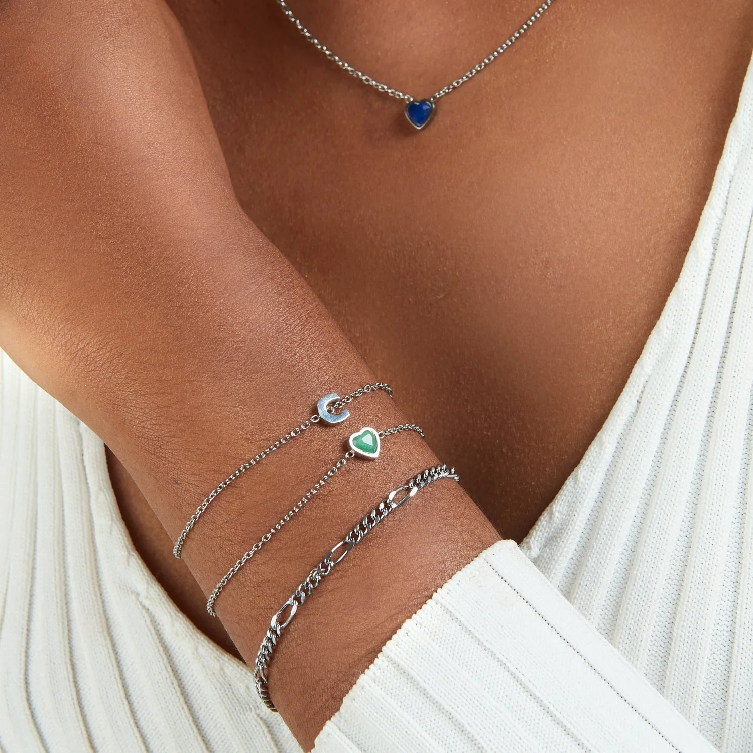 Mini Heart Birthstone & Initial Bracelet Bundle (Silver)