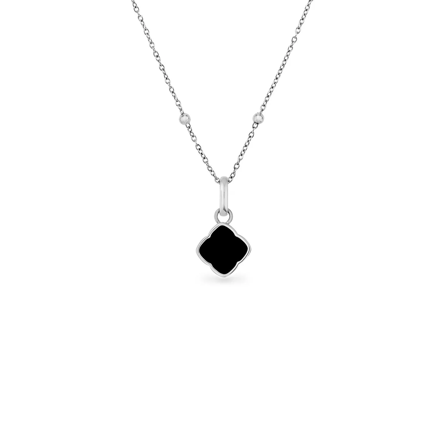 Black Enamel Clover Pendant Necklace (Silver)
