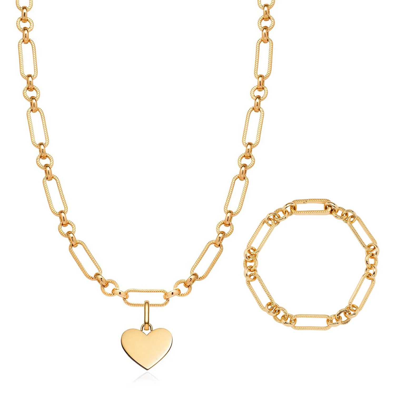 Heart Figaro Chain Necklace & Bracelet Bundle (Gold)